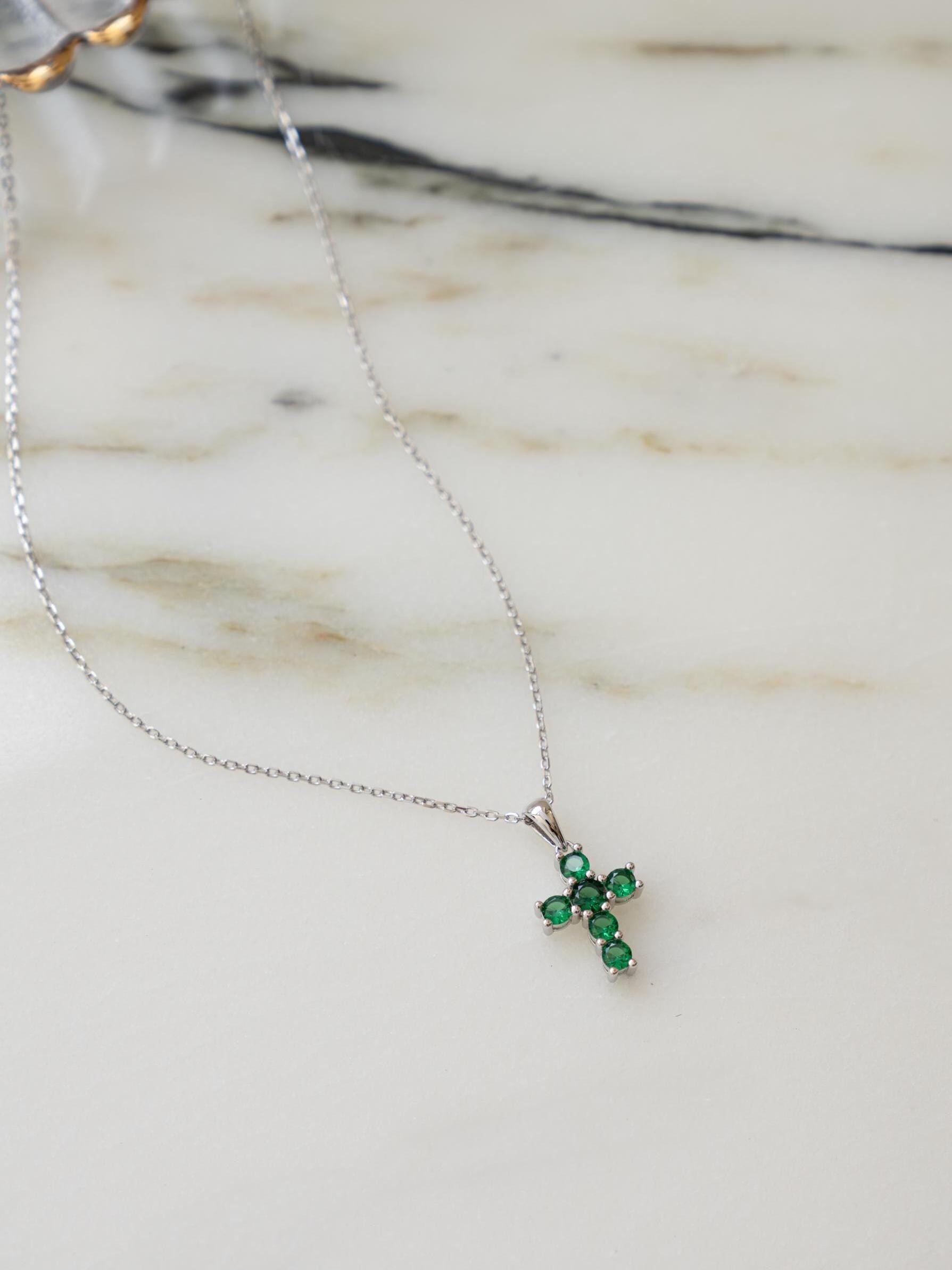 Emerald Cross Necklace by Sami Jewels, Green Cross Pendant Necklace, Religious Jewelry, Dainty Necklace, Gemstone Necklace, Gift for Her
