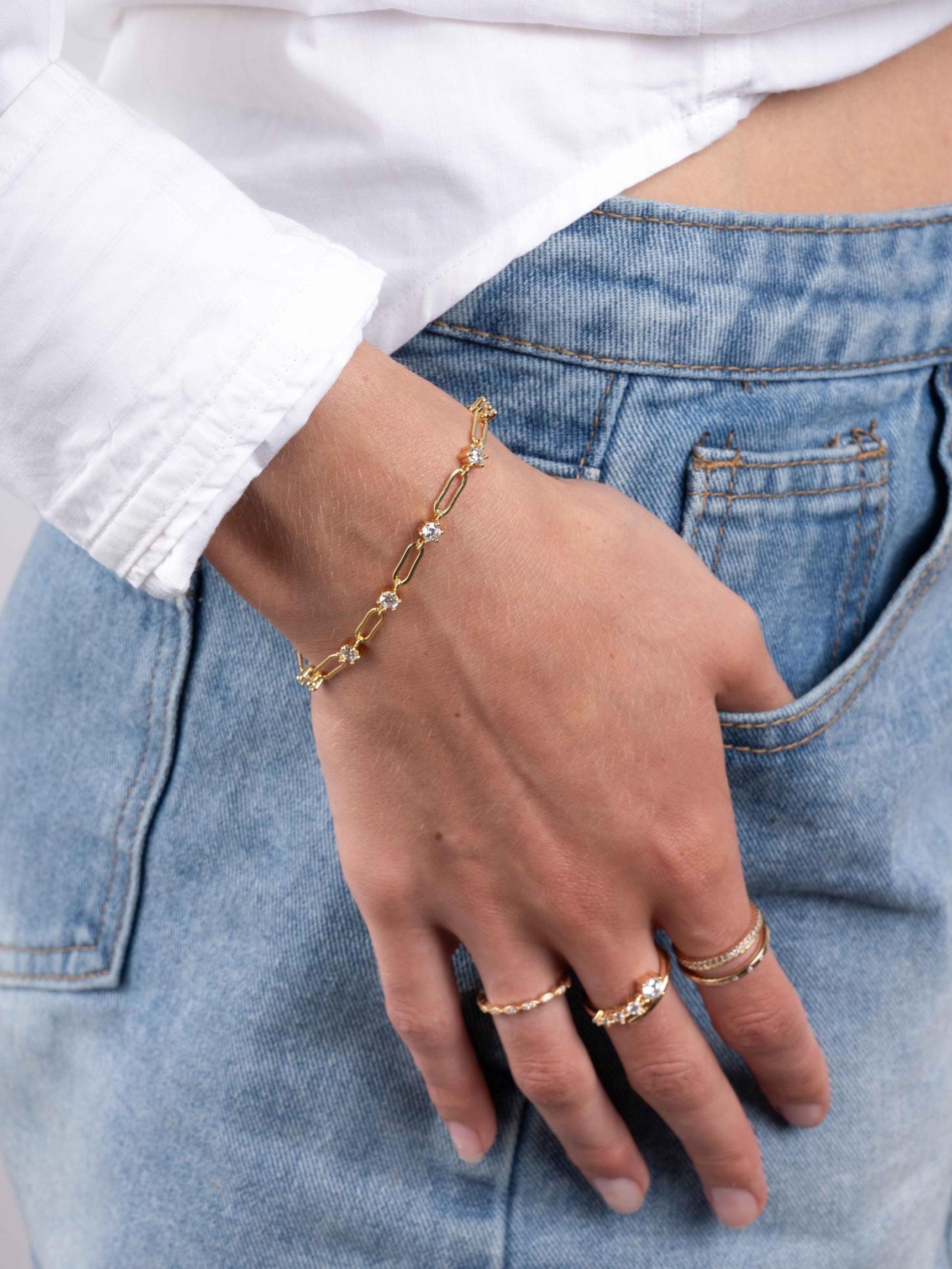 Paperclip Chain and Diamond Link Bracelet, Dainty Bracelet, Chain Bracelet, Minimalist Stackable Gold Bracelet, Gold Bracelet for Women