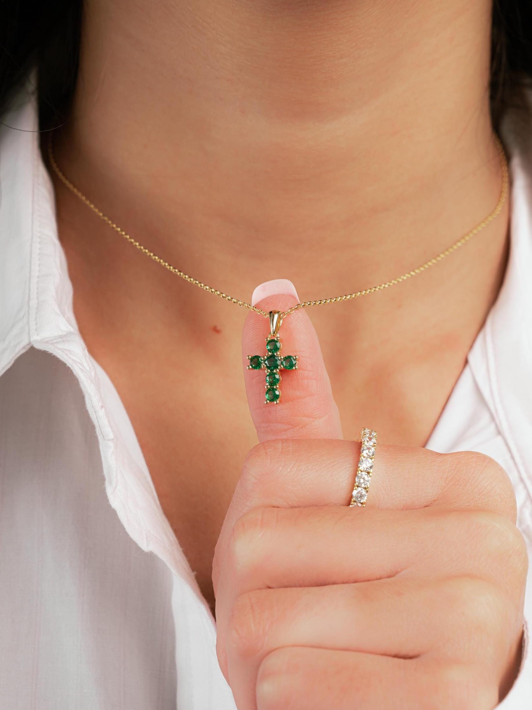 Emerald Cross Necklace by Sami Jewels, Green Cross Pendant Necklace, Religious Jewelry, Dainty Necklace, Gemstone Necklace, Gift for Her