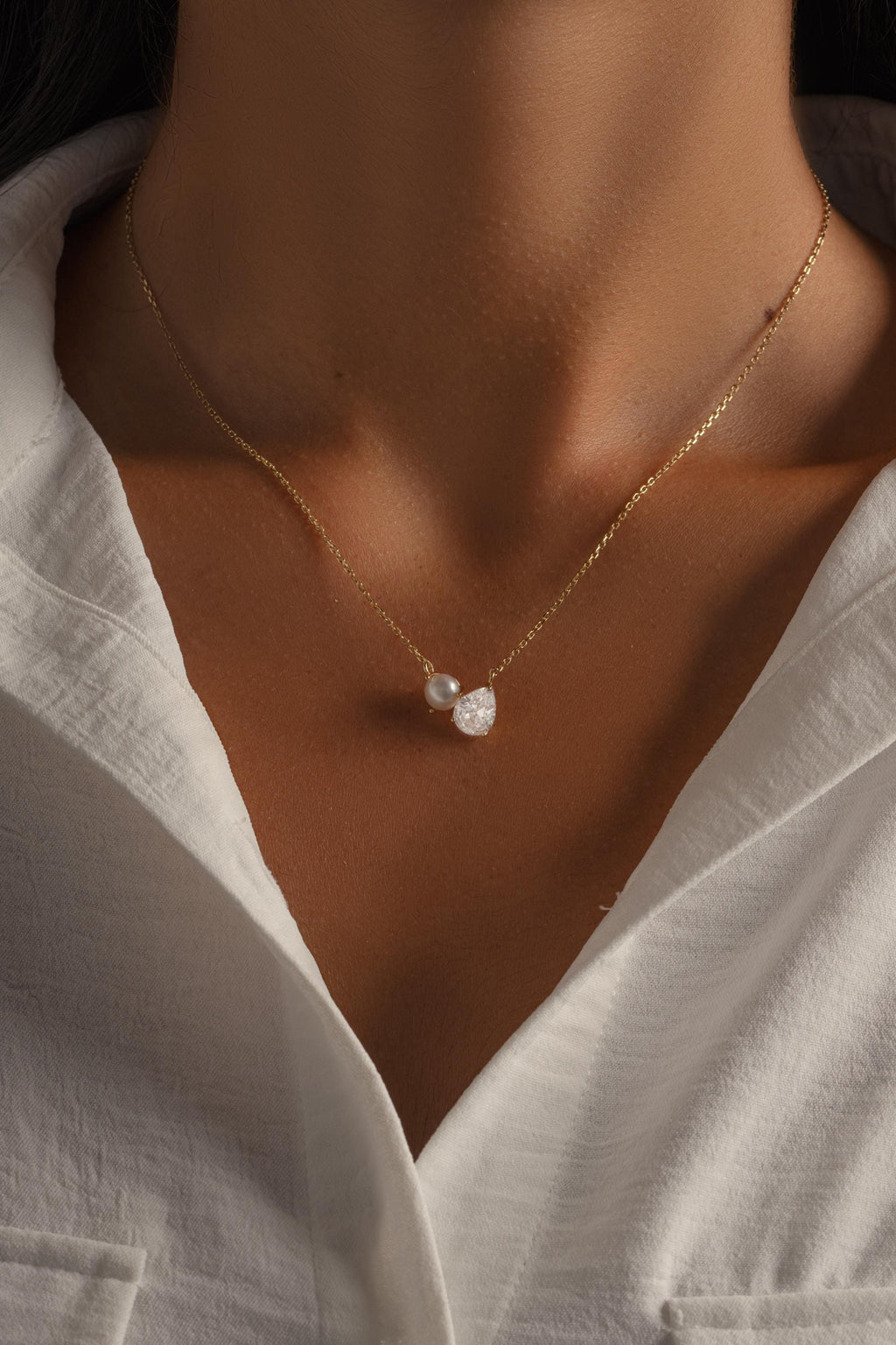 Toi et Moi Necklace, Pearl and Diamond Necklace, Tear Drop Charm Necklace, Pearl Pendant Necklace, Bridal Necklace, Bridesmaid Jewelry