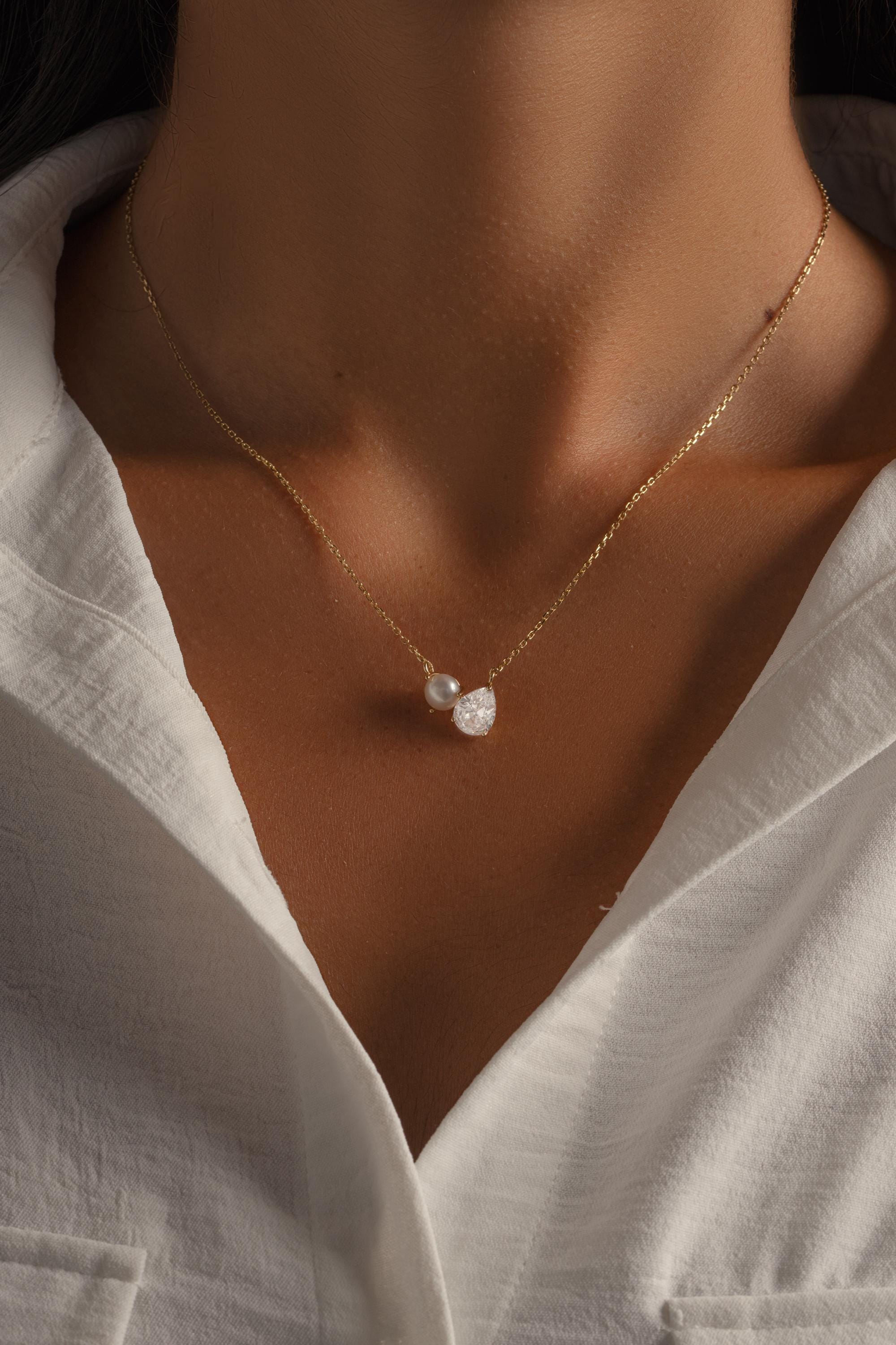 Toi et Moi Necklace, Pearl and Diamond Necklace, Tear Drop Charm Necklace, Pearl Pendant Necklace, Bridal Necklace, Bridesmaid Jewelry