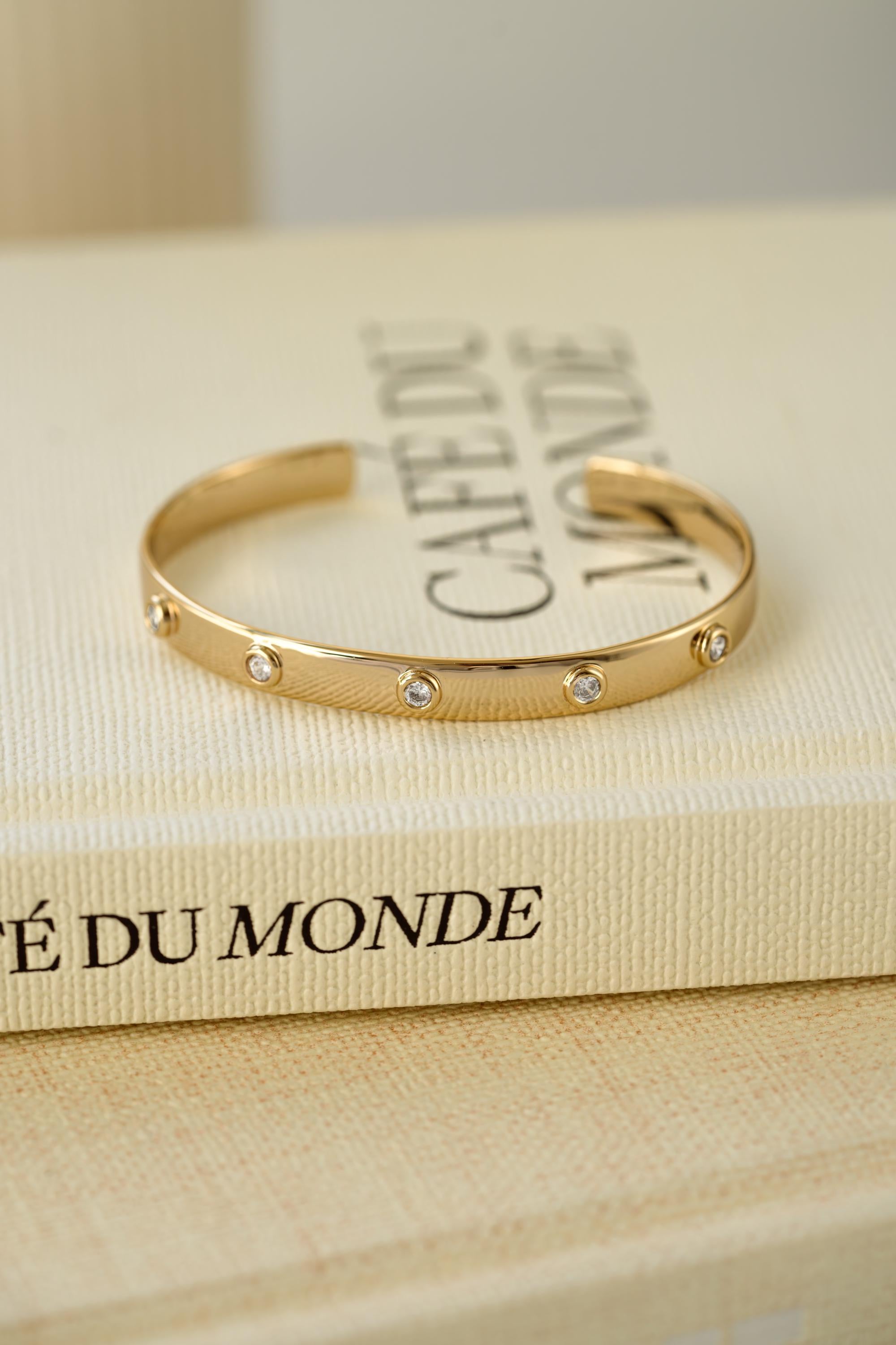 Diamond Bezel Cuff Bracelet by Sami Jewels, Adjustable Design available in Gold or Silver