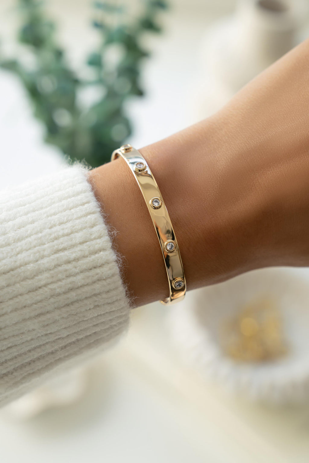 Diamond Bezel Cuff Bracelet by Sami Jewels, Adjustable Design available in Gold or Silver