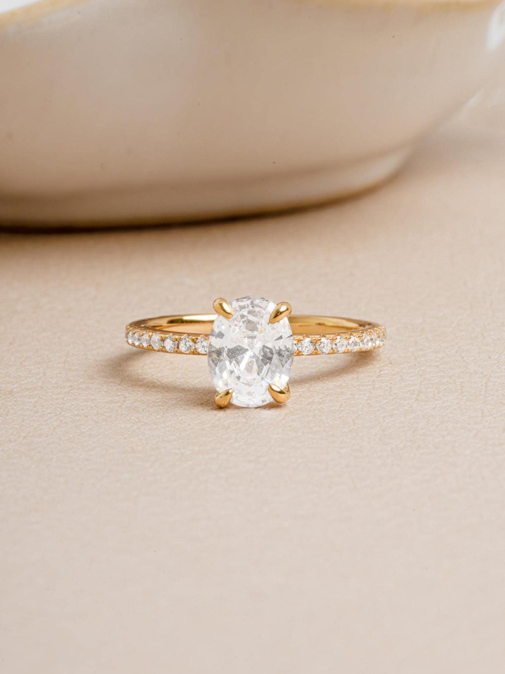 Oval Solitaire Diamond Engagement Ring with Pavé Band by Sami Jewels, Premium 925 Sterling Silver Ring Sizes 4-10