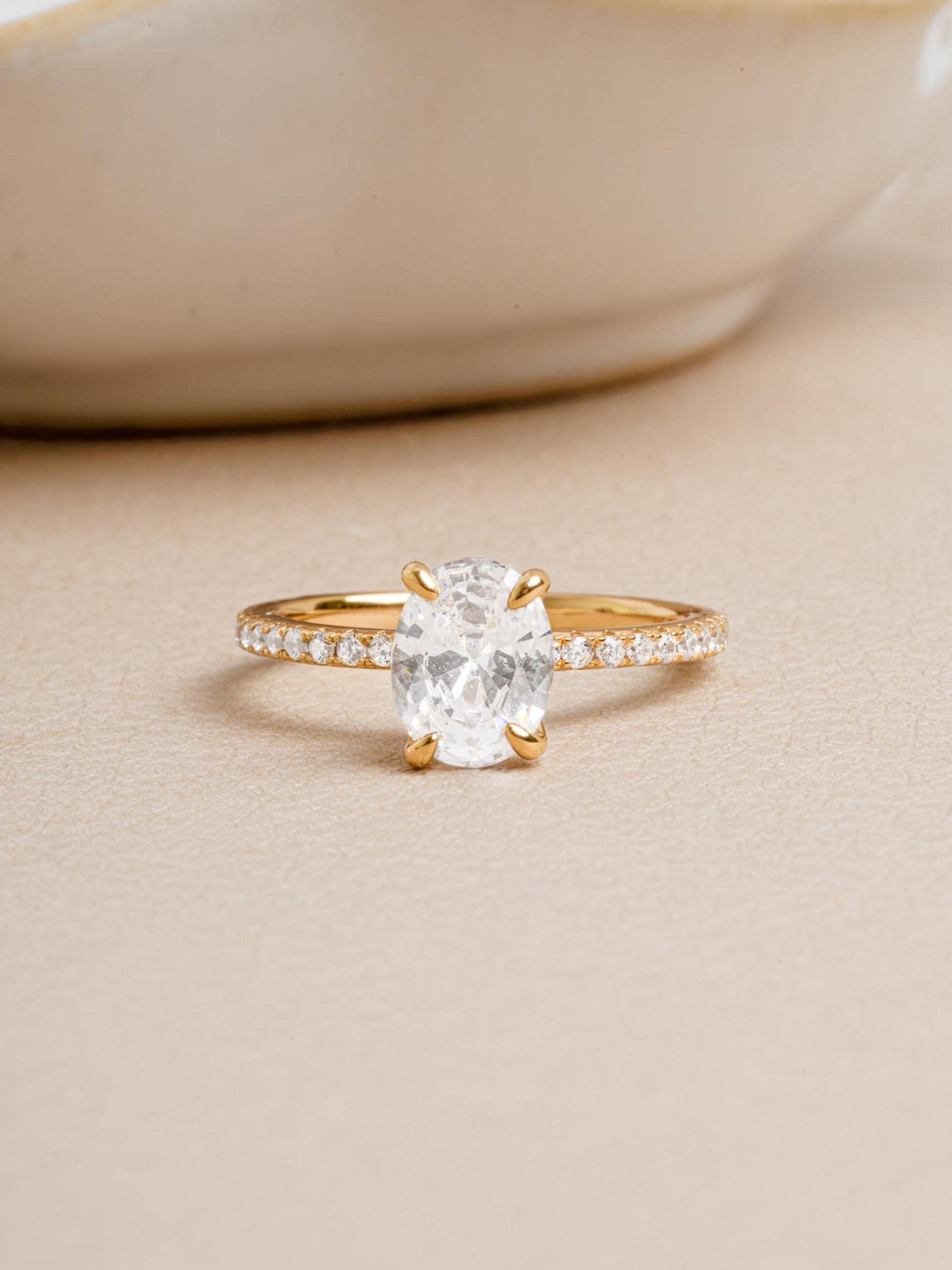 Oval Solitaire Diamond Engagement Ring with Pavé Band by Sami Jewels, Premium 925 Sterling Silver Ring Sizes 4-10