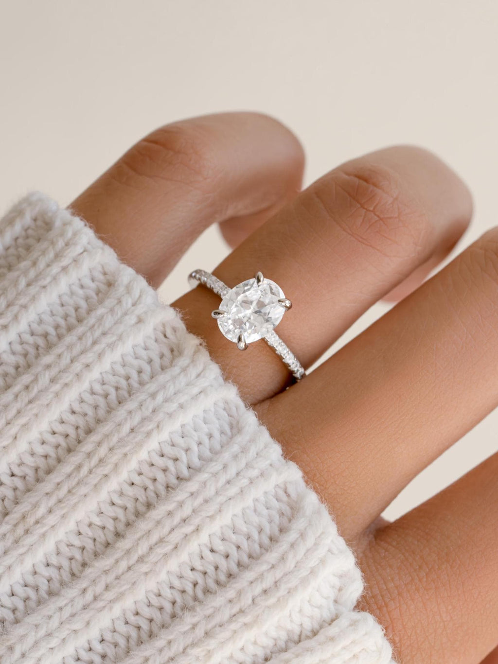 Oval Solitaire Diamond Engagement Ring with Pavé Band by Sami Jewels, Premium 925 Sterling Silver Ring Sizes 4-10