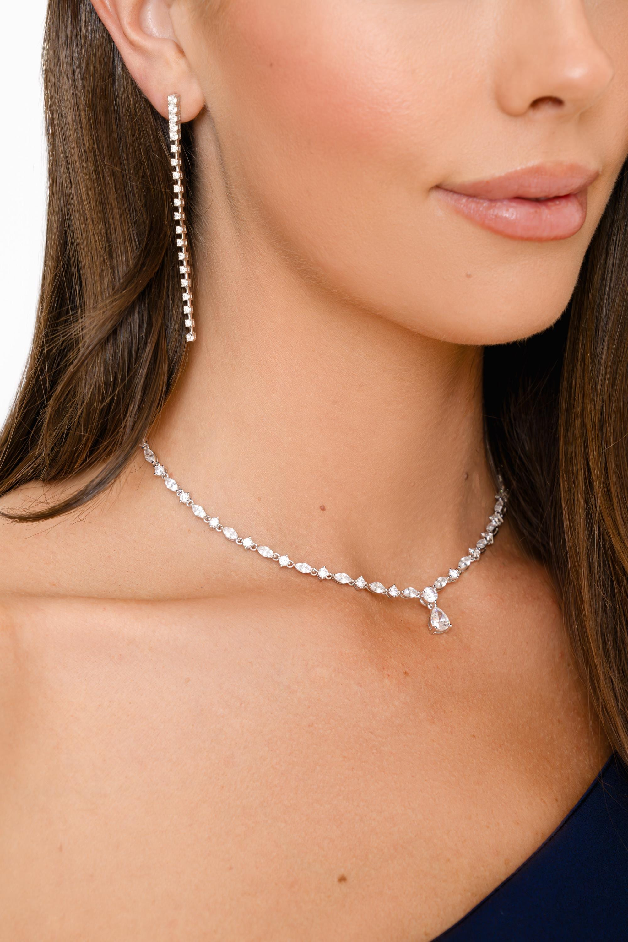 Diamond Tennis Necklace by Sami Jewels, Statement Necklace, Handmade Necklace, Diamond Pendant, Bridal Jewelry, CZ Necklace, Pear Cut Stone