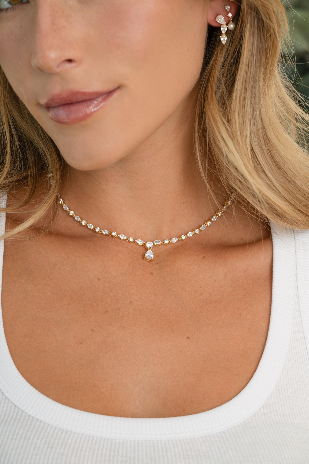 Diamond Tennis Necklace by Sami Jewels, Statement Necklace, Handmade Necklace, Diamond Pendant, Bridal Jewelry, CZ Necklace, Pear Cut Stone