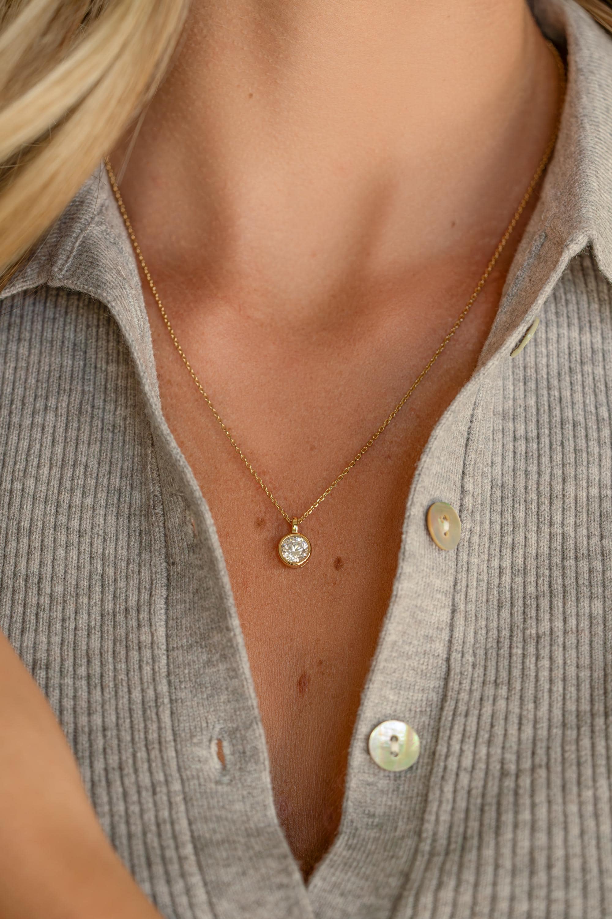 Round Bezel Diamond Necklace, Adjustable Chain for Layering or Everyday Wear, Minimalist Design