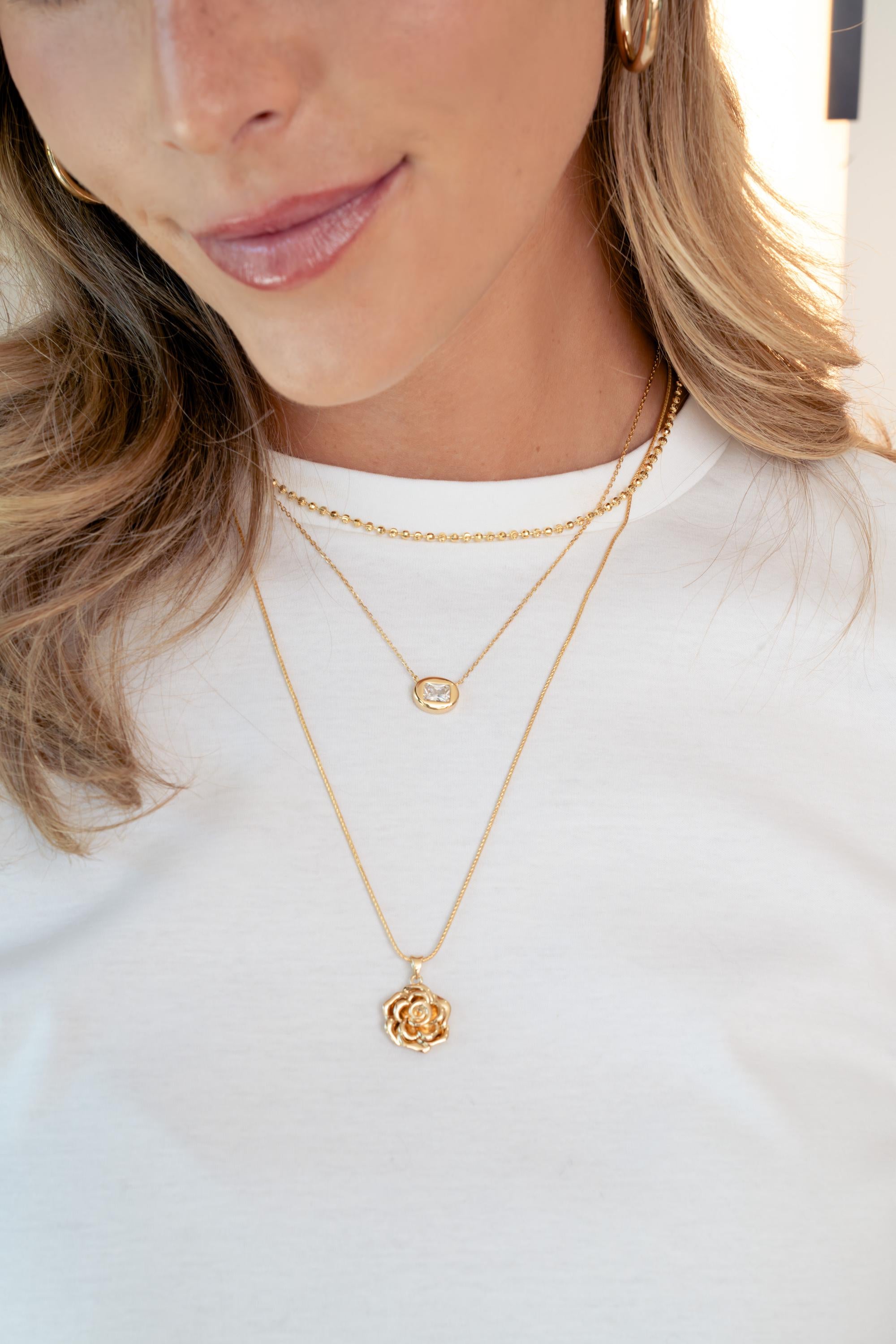 Rose Flower Necklace on a Rounded Box Chain, 22" Adjustable Chain Perfect for Layering