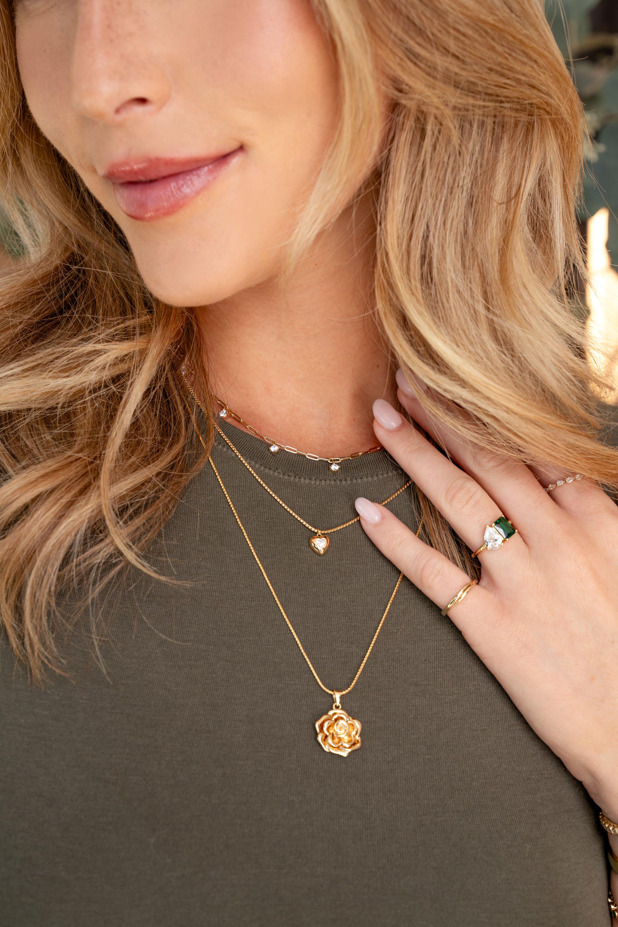 Rose Flower Necklace on a Rounded Box Chain, 22" Adjustable Chain Perfect for Layering