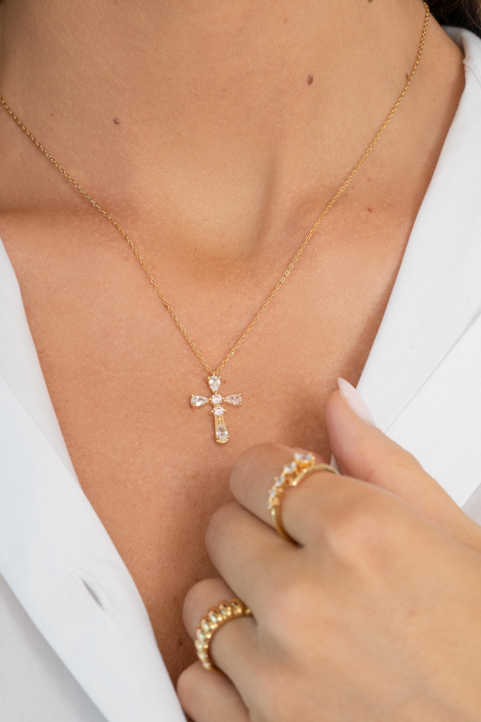 Cross Pendant Necklace, Religious Jewelry, Sterling Silver Cross Necklace with Cubic Zirconia Stones on an Adjustable Chain
