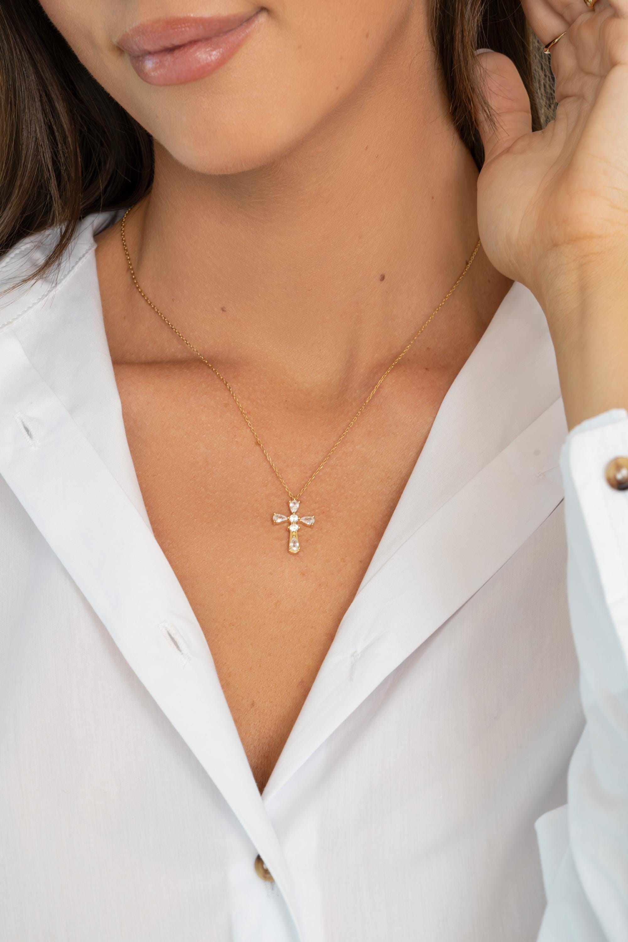Cross Pendant Necklace, Religious Jewelry, Sterling Silver Cross Necklace with Cubic Zirconia Stones on an Adjustable Chain