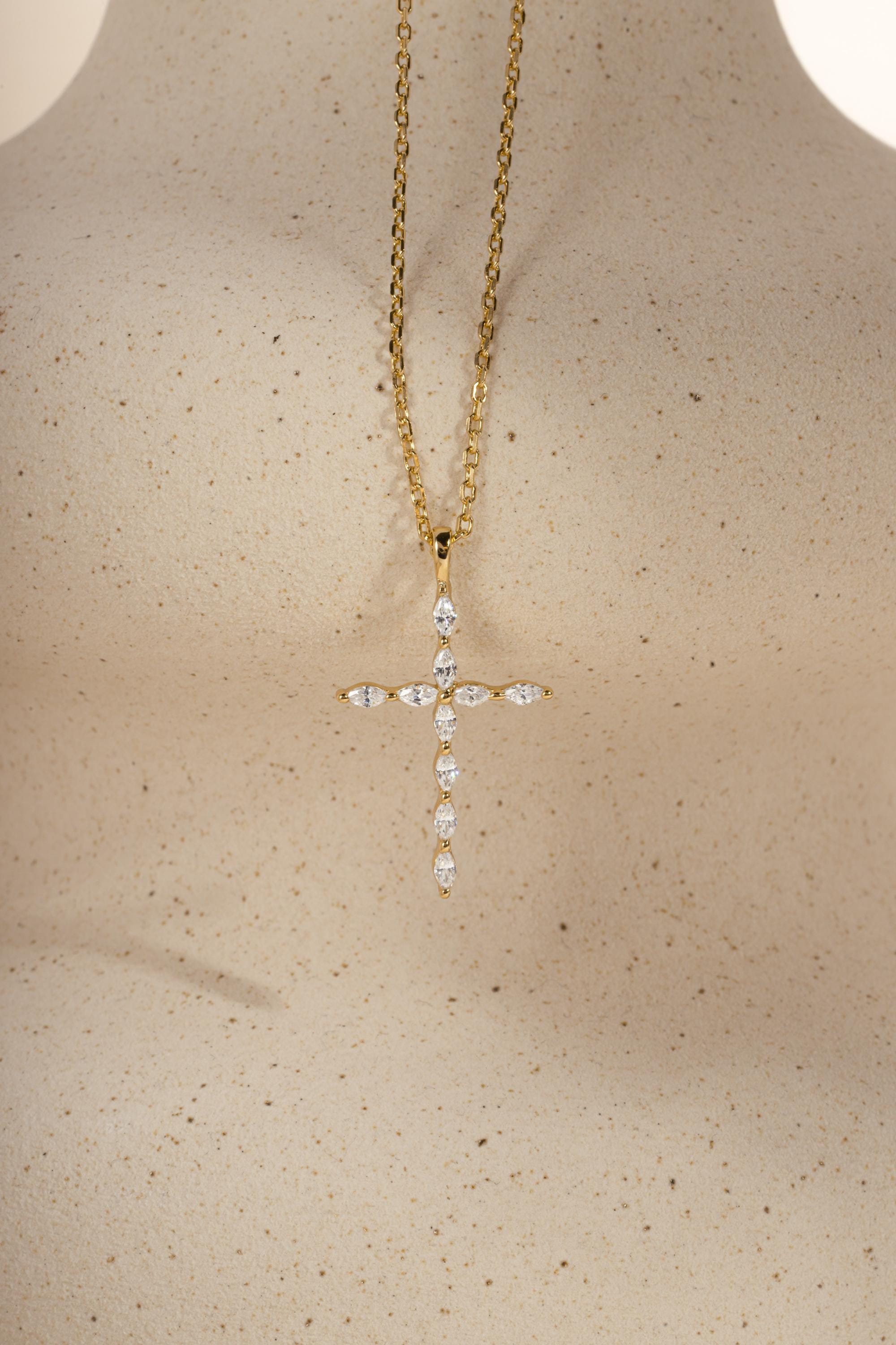 Christian Cross Necklace featuring Marquise Cut Cubic Zirconia Stones, Religious Necklace, Faith Necklace for Women, Cross Pendant