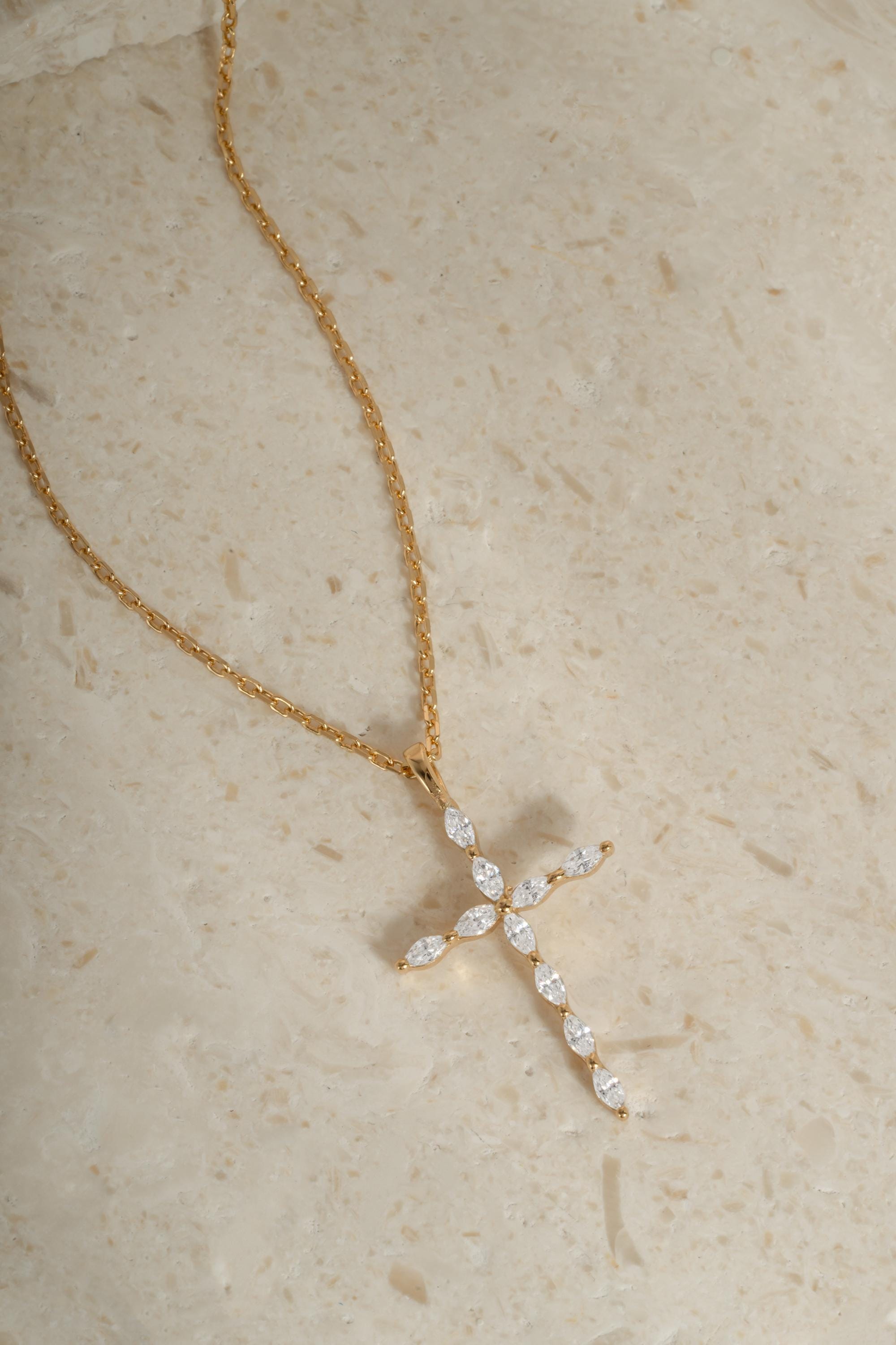 Christian Cross Necklace featuring Marquise Cut Cubic Zirconia Stones, Religious Necklace, Faith Necklace for Women, Cross Pendant