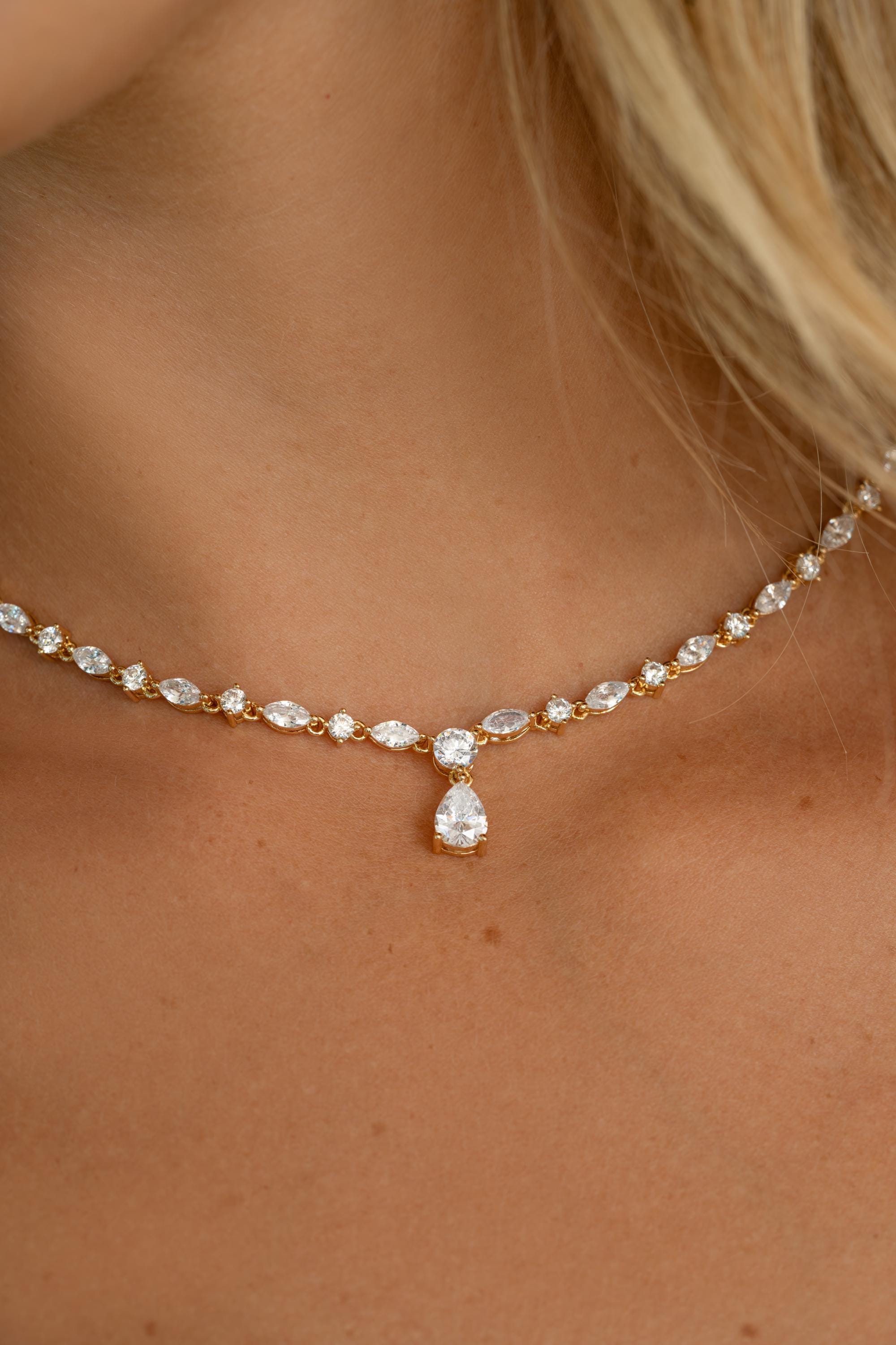 Diamond Tennis Necklace by Sami Jewels, Statement Necklace, Handmade Necklace, Diamond Pendant, Bridal Jewelry, CZ Necklace, Pear Cut Stone