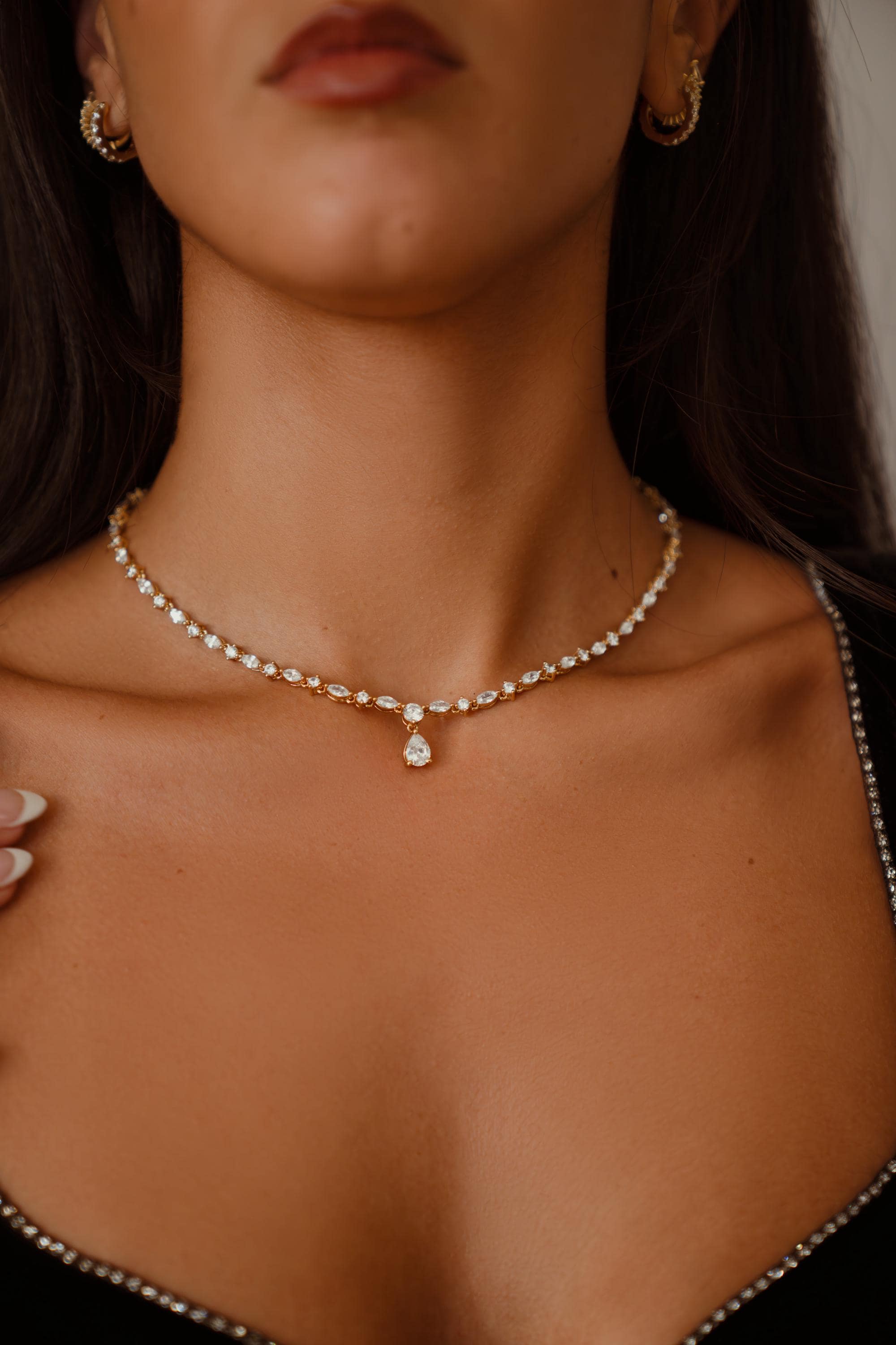 Diamond Tennis Necklace by Sami Jewels, Statement Necklace, Handmade Necklace, Diamond Pendant, Bridal Jewelry, CZ Necklace, Pear Cut Stone