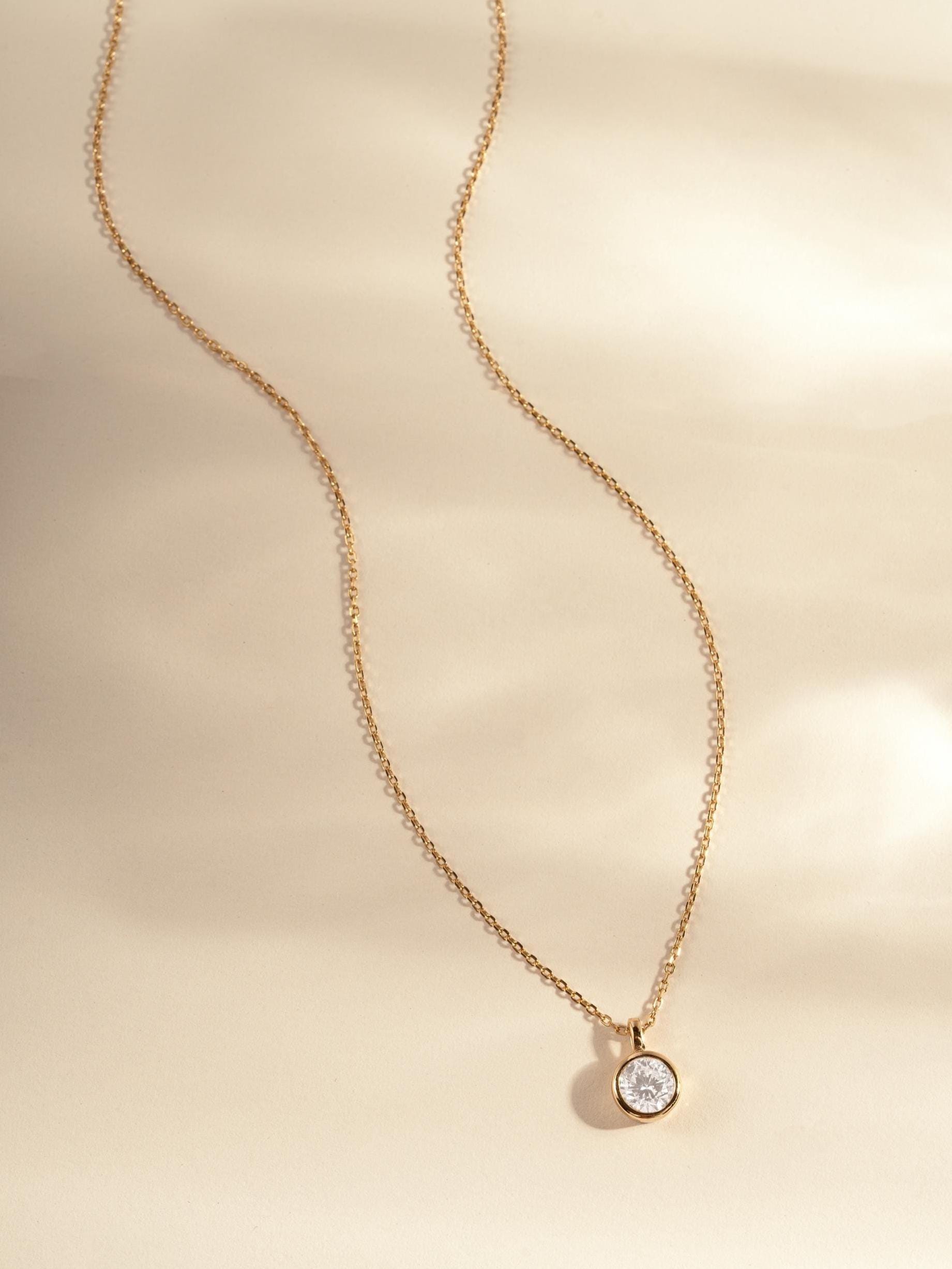 Round Bezel Diamond Necklace, Adjustable Chain for Layering or Everyday Wear, Minimalist Design