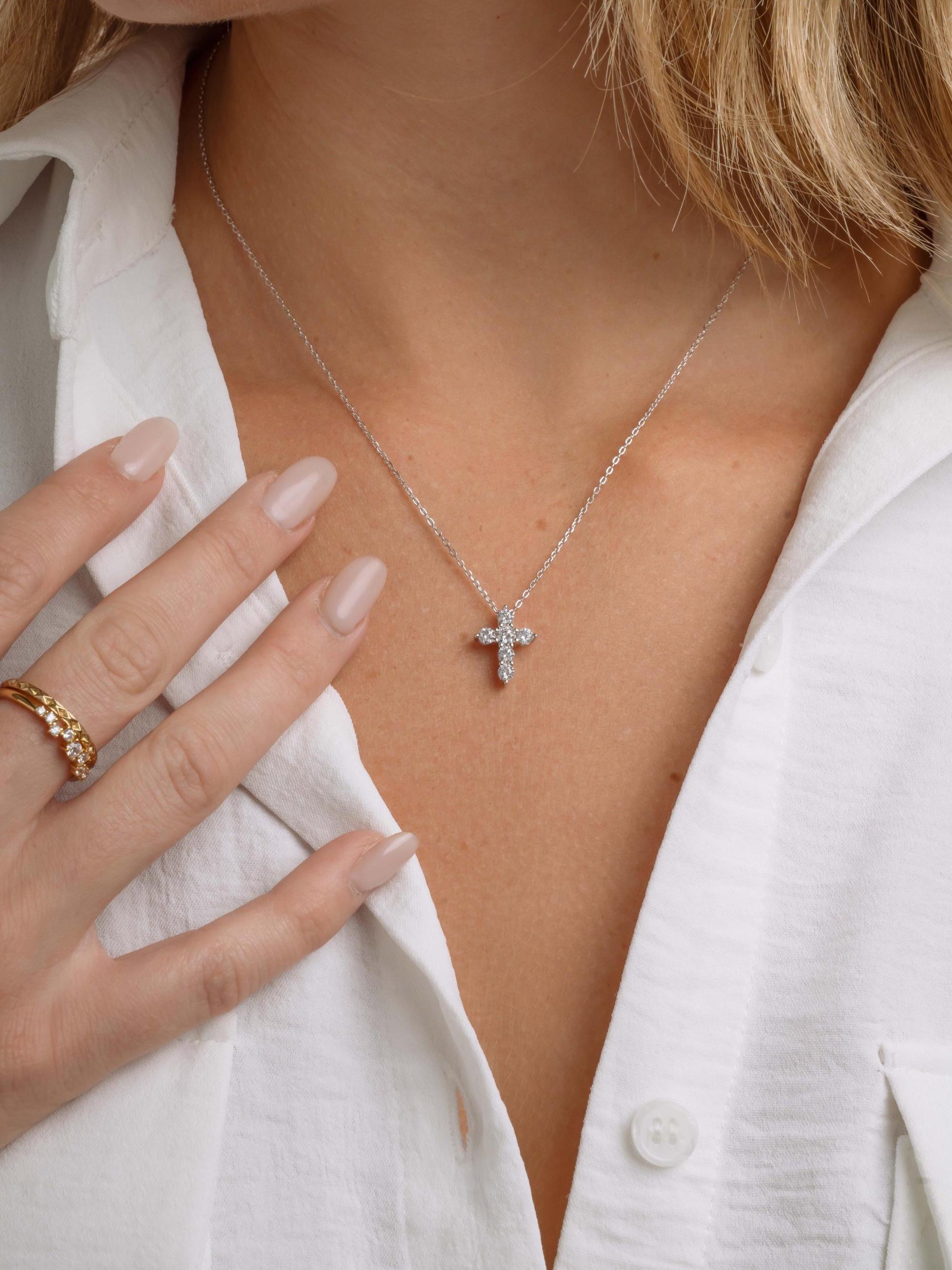 Diamond Studded Cross Necklace, Faith Necklace, Religious Jewelry, Adjustable Chain Christian Cross Pendant
