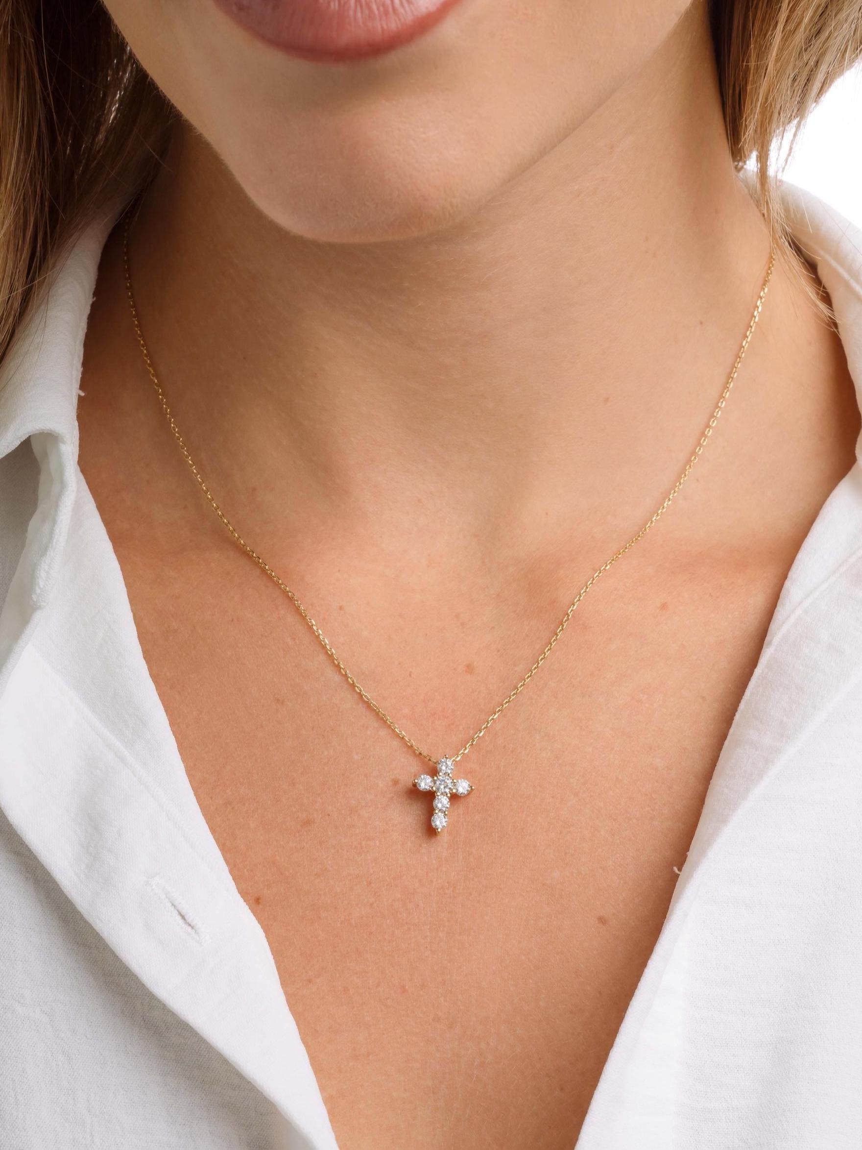 Diamond Studded Cross Necklace, Faith Necklace, Religious Jewelry, Adjustable Chain Christian Cross Pendant