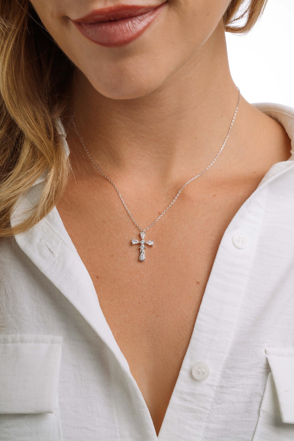 Cross Pendant Necklace, Religious Jewelry, Sterling Silver Cross Necklace with Cubic Zirconia Stones on an Adjustable Chain