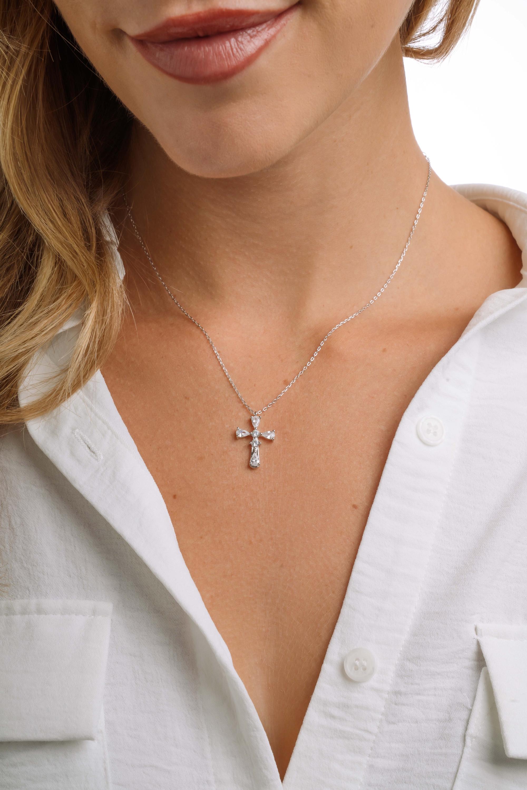 Cross Pendant Necklace, Religious Jewelry, Sterling Silver Cross Necklace with Cubic Zirconia Stones on an Adjustable Chain