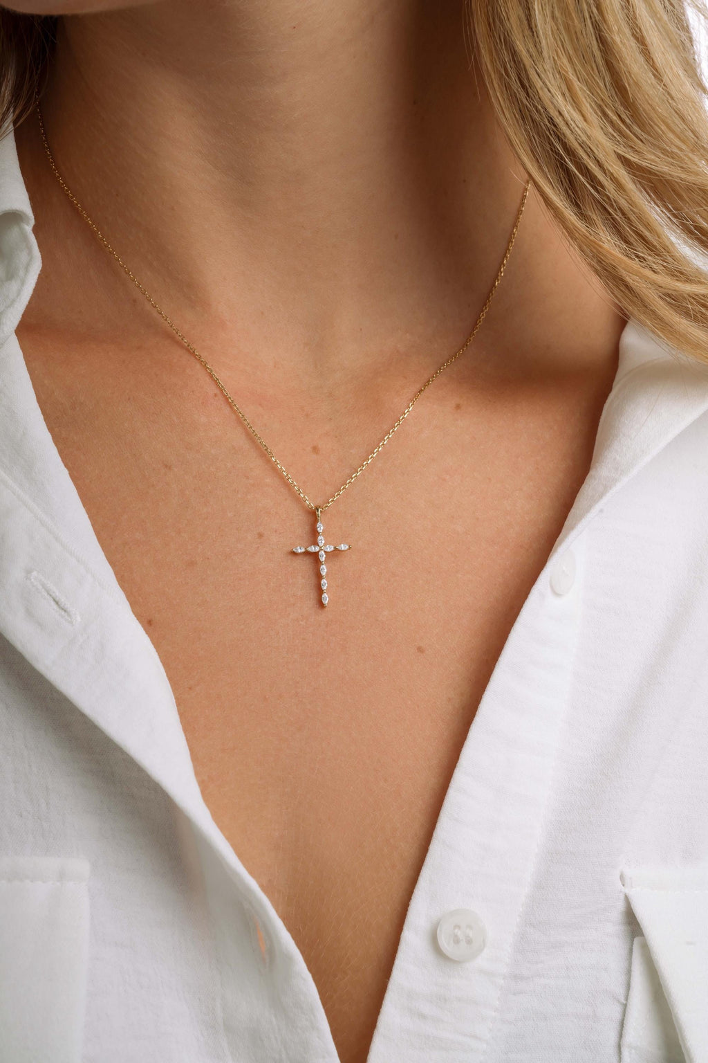 Christian Cross Necklace featuring Marquise Cut Cubic Zirconia Stones, Religious Necklace, Faith Necklace for Women, Cross Pendant
