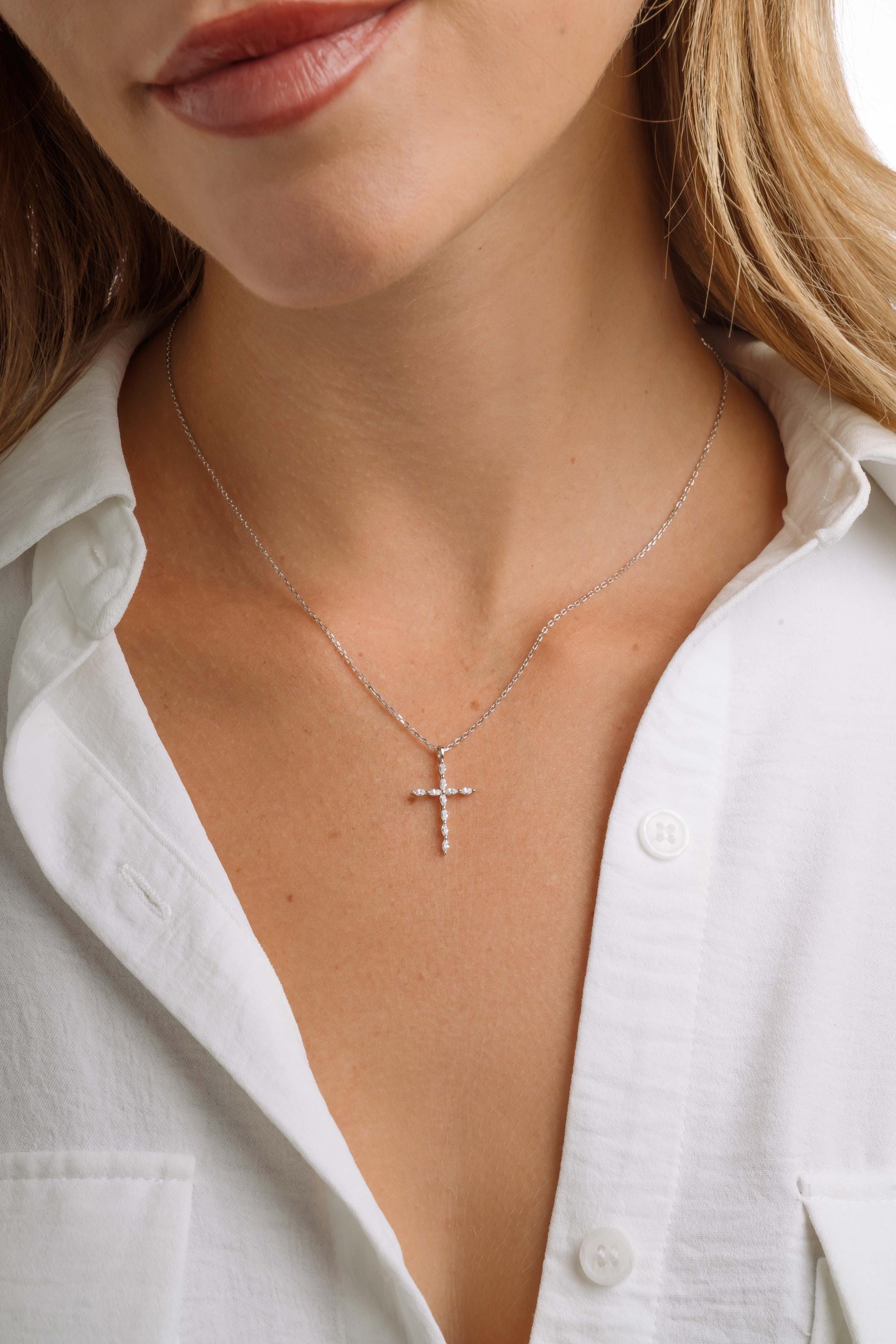 Christian Cross Necklace featuring Marquise Cut Cubic Zirconia Stones, Religious Necklace, Faith Necklace for Women, Cross Pendant