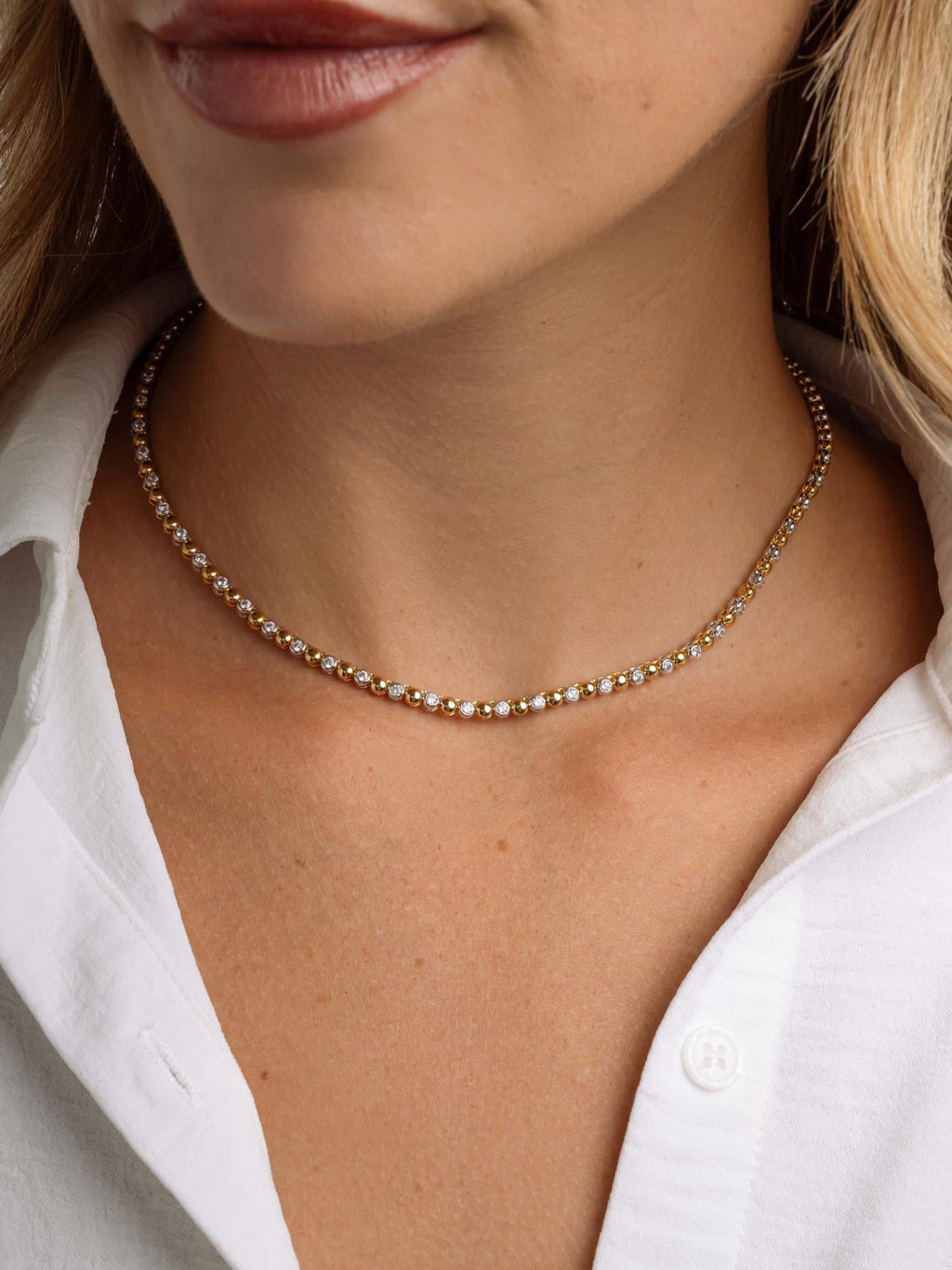 Mixed Metal Tennis Necklace by Sami Jewels, Two Tone Beaded Necklace, Statement Necklace, Diamond Tennis Necklace, Collar Necklace