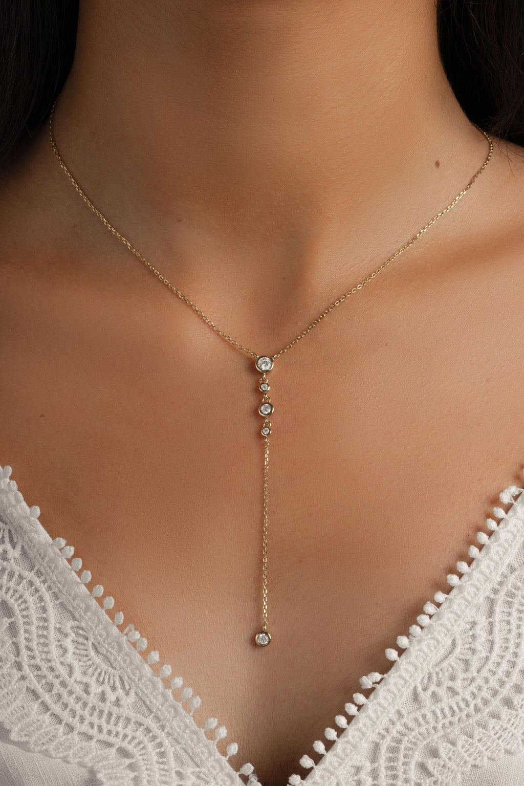 Bezel Set Lariat Necklace by Sami Jewels, Long Dainty Necklace, Minimalist Y Necklace, Adjustable Y Necklace