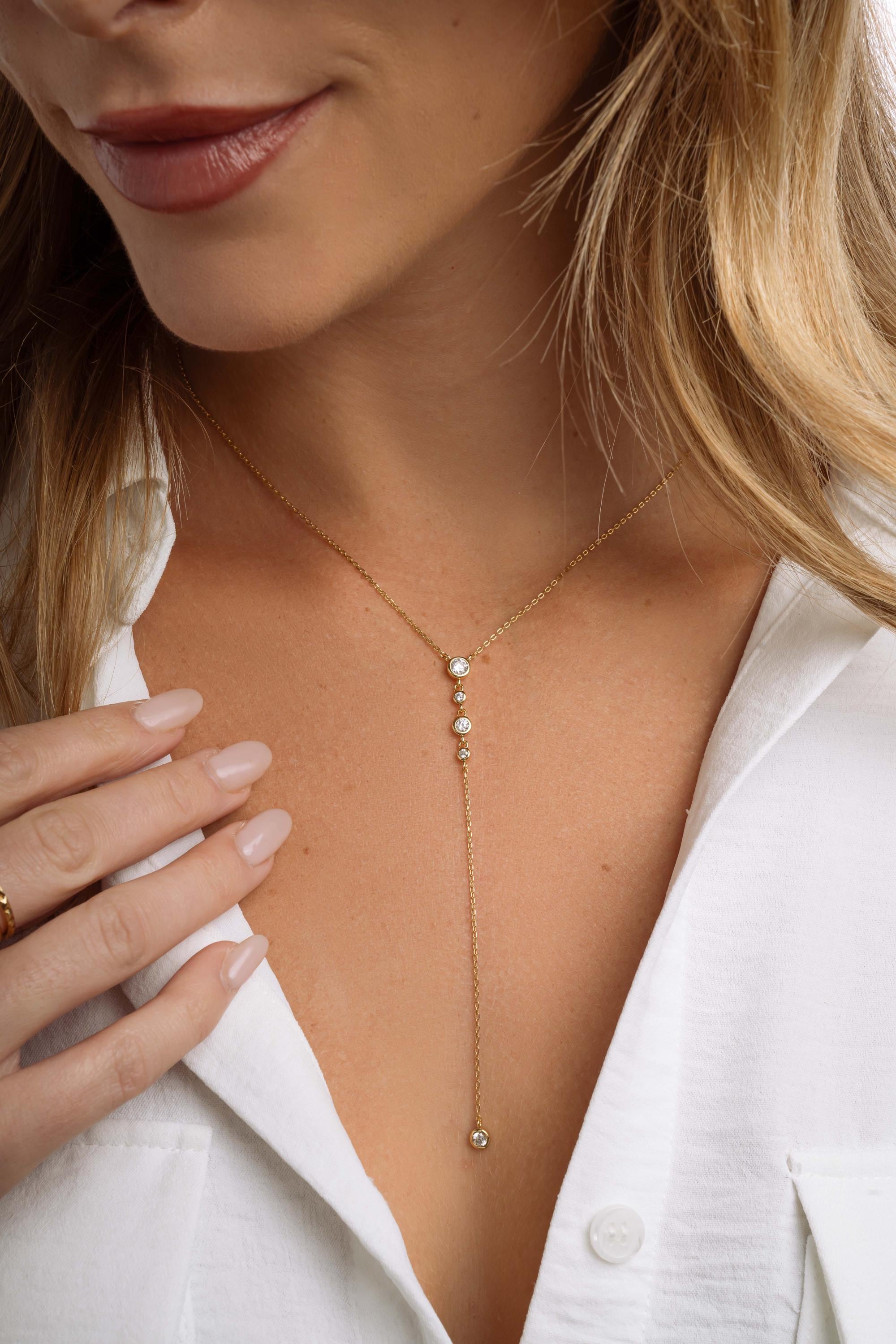 Bezel Set Lariat Necklace by Sami Jewels, Long Dainty Necklace, Minimalist Y Necklace, Adjustable Y Necklace