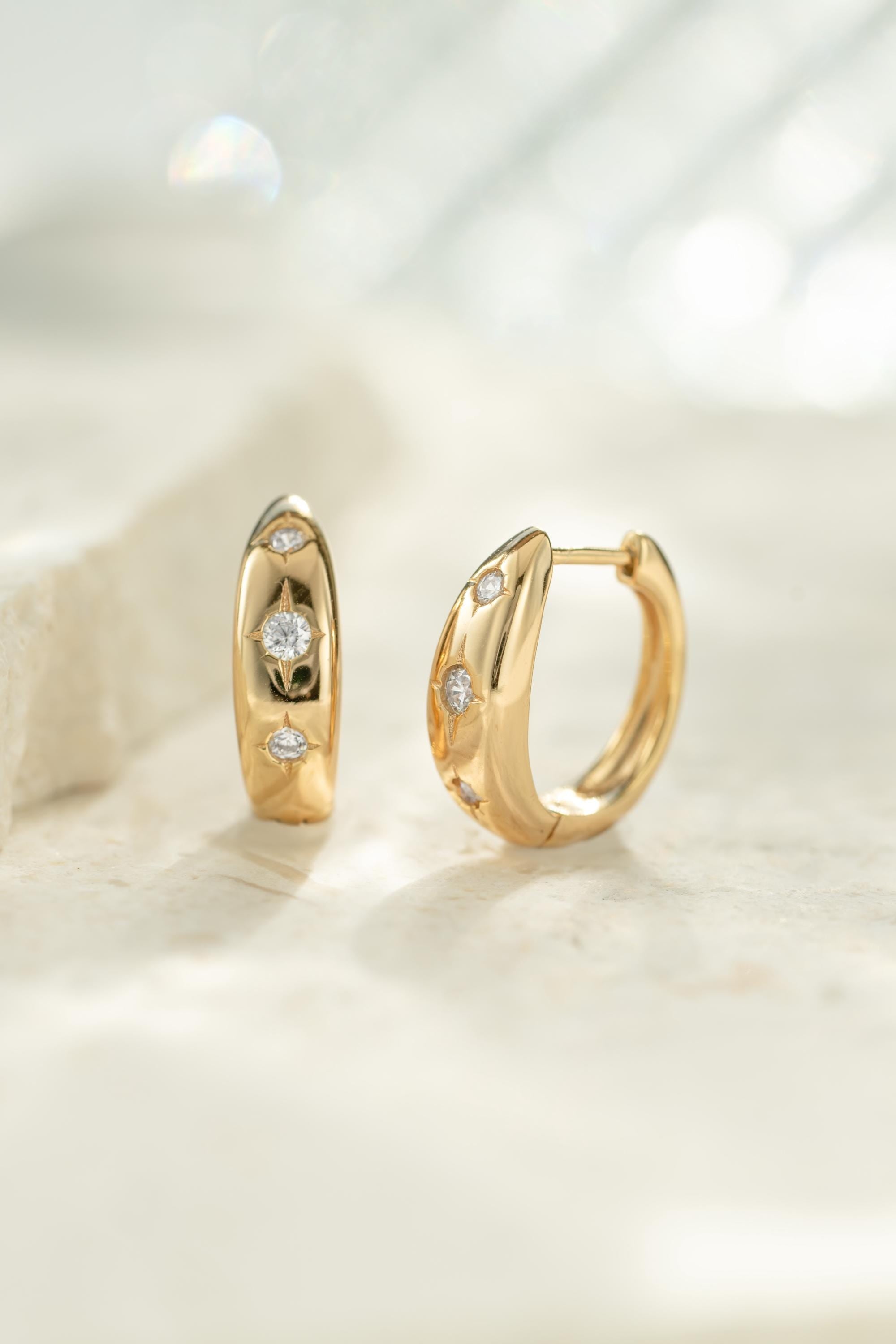 Starburst Huggie Hoop Earring, Celestial Earrings, Huggie Hoops, Thick Hoop Earrings, Starburst Earrings