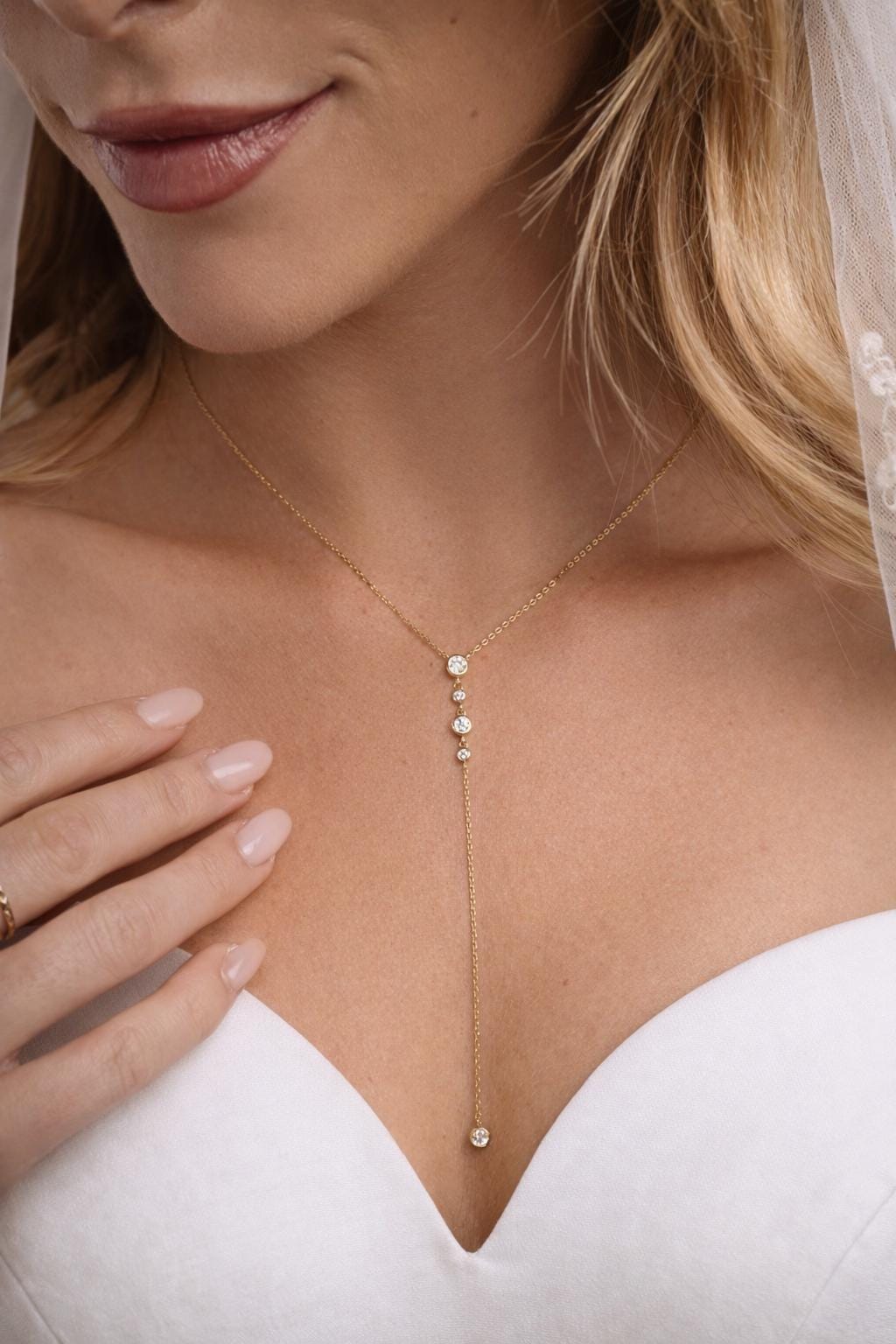 Bezel Set Lariat Necklace by Sami Jewels, Long Dainty Drop Necklace, Minimalist Y Necklace, Adjustable Y Necklace, Bridal Necklace