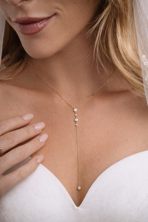 Bezel Set Lariat Necklace by Sami Jewels, Long Dainty Drop Necklace, Minimalist Y Necklace, Adjustable Y Necklace, Bridal Necklace