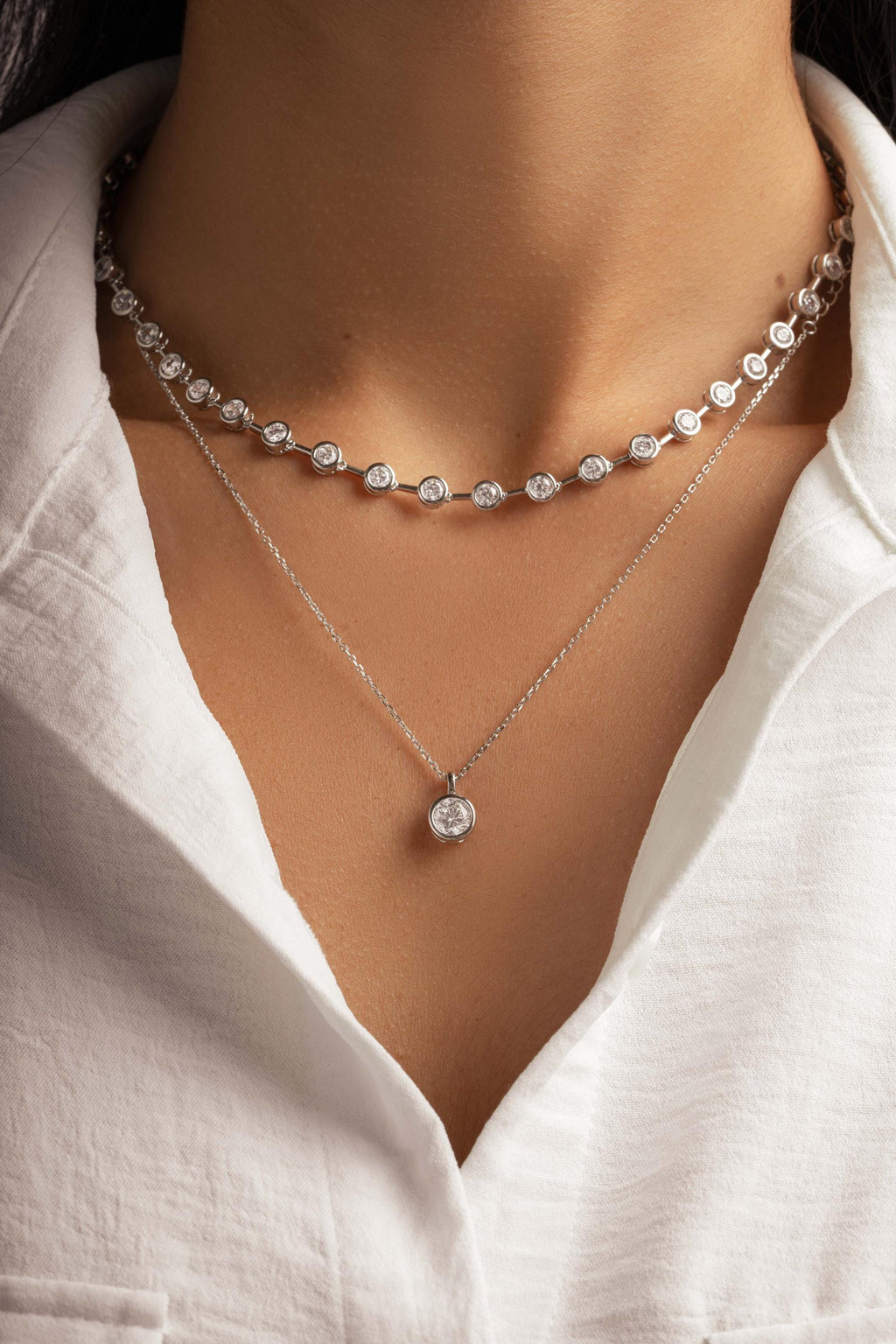 Bezel Set Tennis Necklace w CZ Stones, Station Diamond Necklace, Collar Necklace