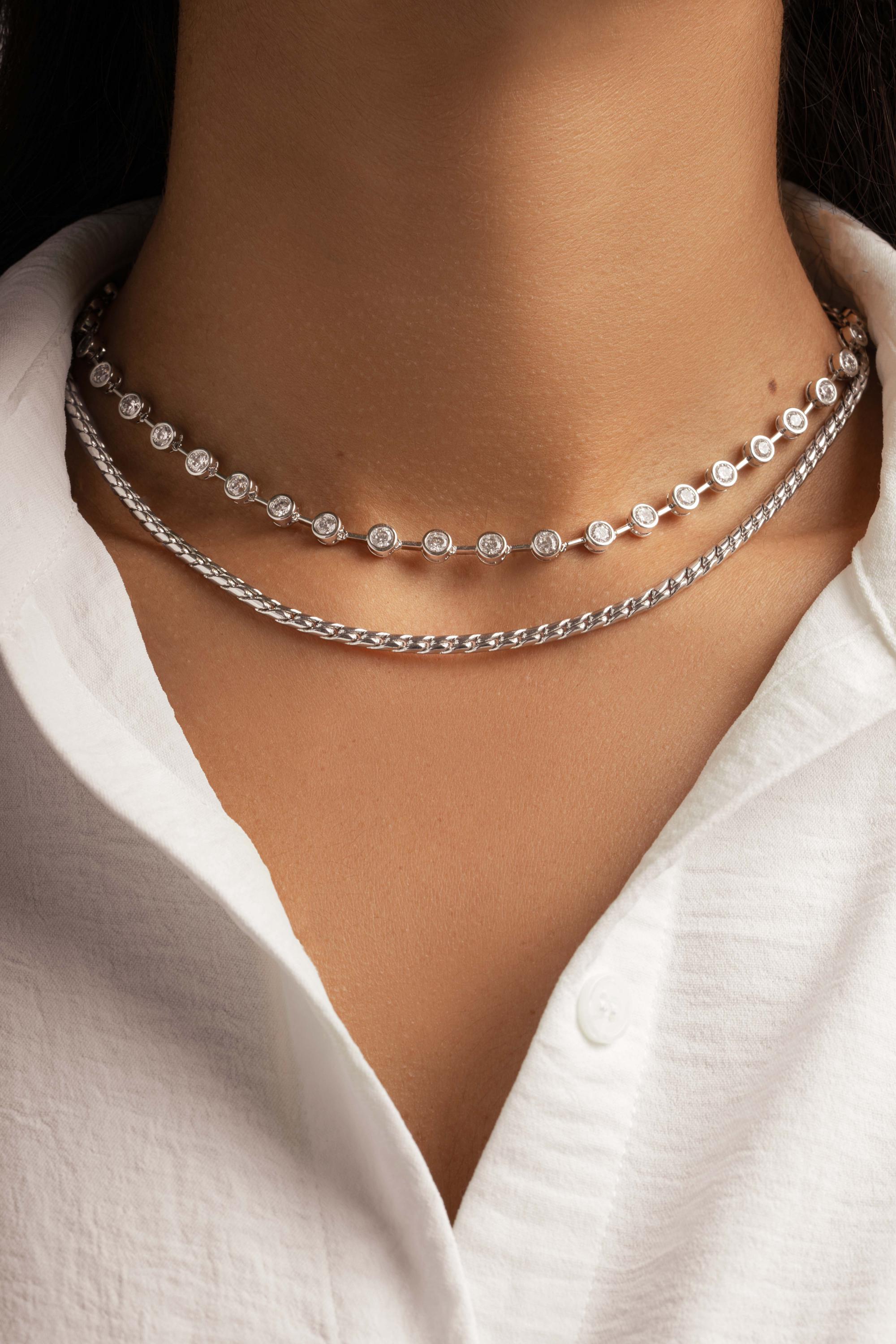 Bezel Set Tennis Necklace w CZ Stones, Station Diamond Necklace, Collar Necklace
