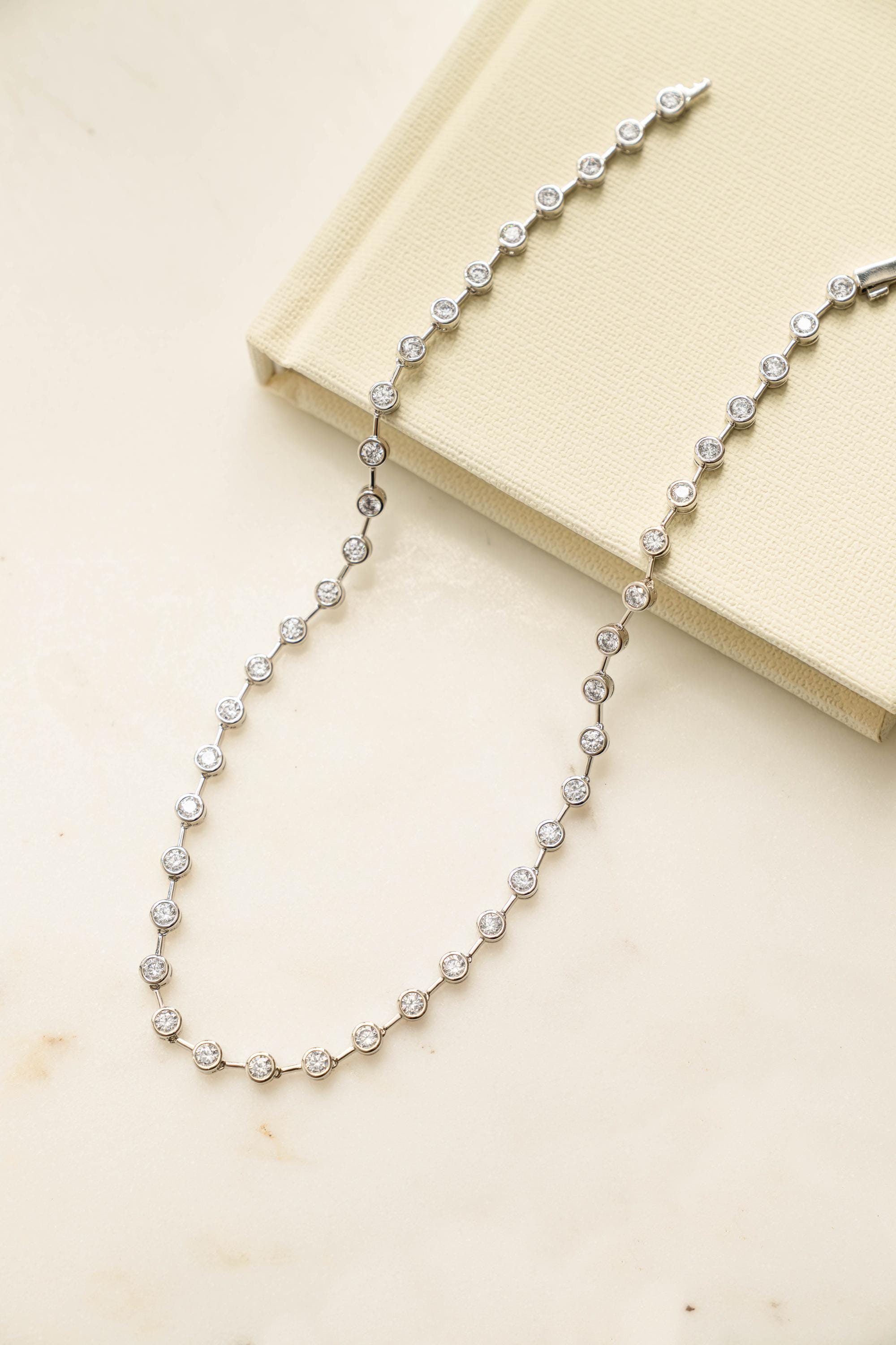 Bezel Set Tennis Necklace w CZ Stones, Station Diamond Necklace, Collar Necklace
