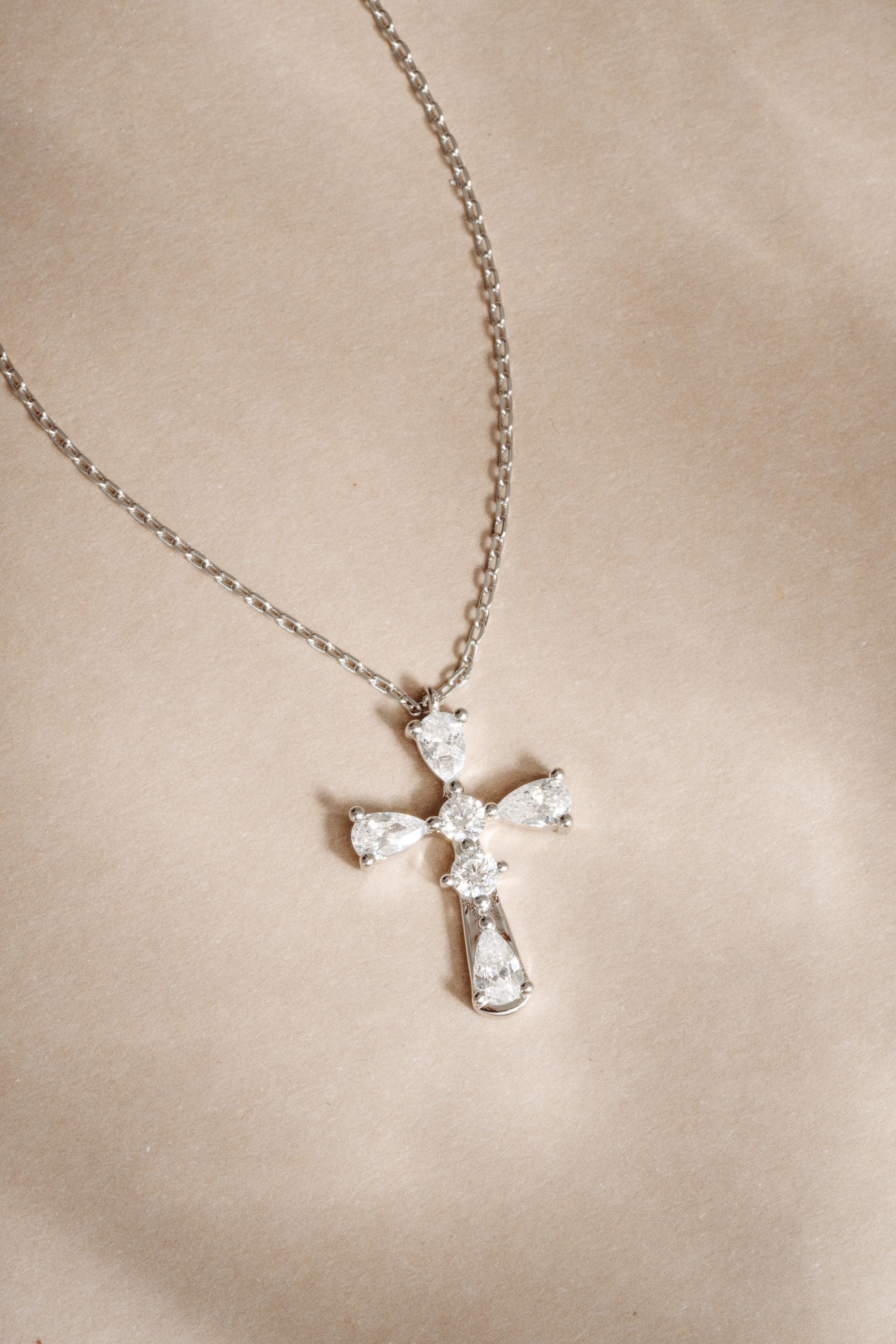 Cross Pendant Necklace, Religious Jewelry, Sterling Silver Cross Necklace with Cubic Zirconia Stones on an Adjustable Chain