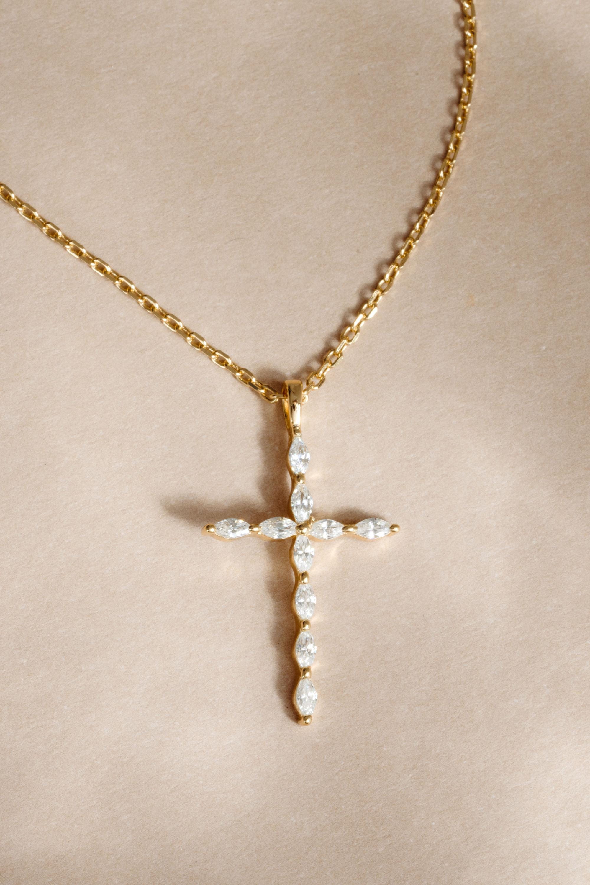 Christian Cross Necklace featuring Marquise Cut Cubic Zirconia Stones, Religious Necklace, Faith Necklace for Women, Cross Pendant