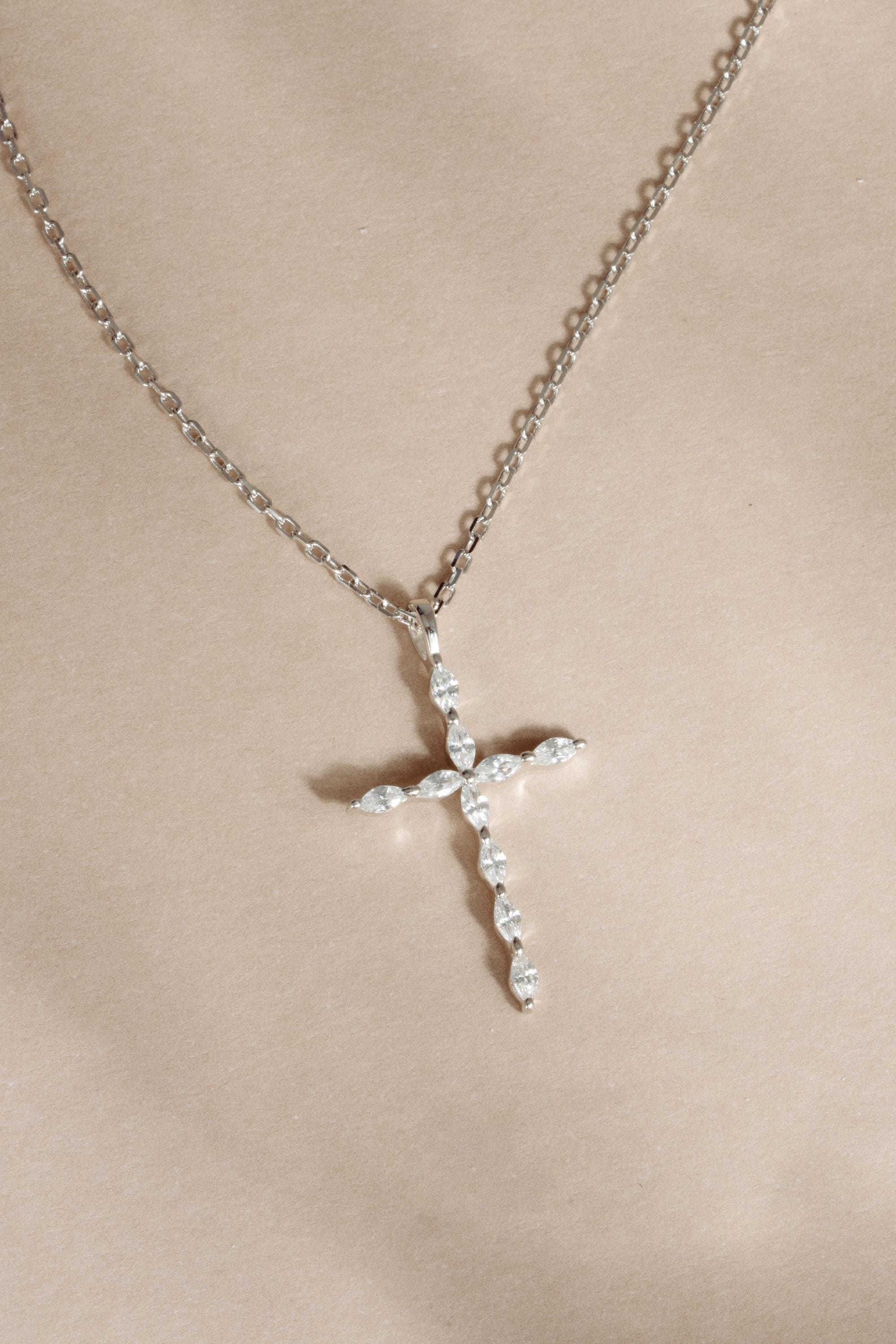Christian Cross Necklace featuring Marquise Cut Cubic Zirconia Stones, Religious Necklace, Faith Necklace for Women, Cross Pendant