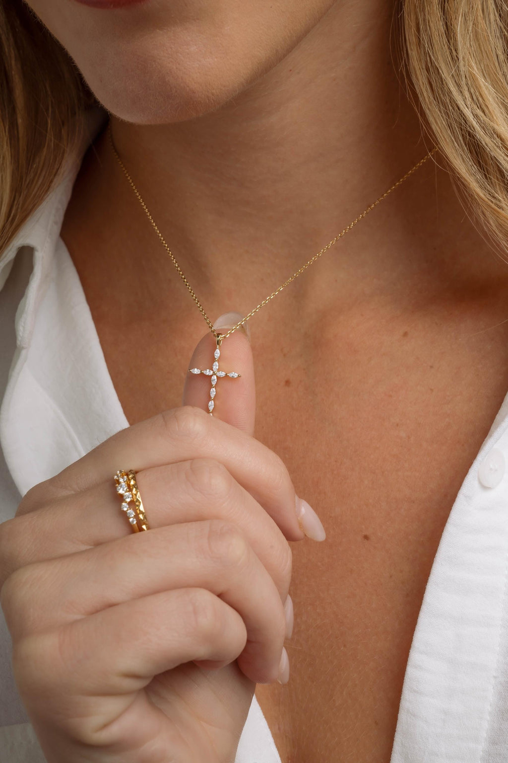 Christian Cross Necklace featuring Marquise Cut Cubic Zirconia Stones, Religious Necklace, Faith Necklace for Women, Cross Pendant