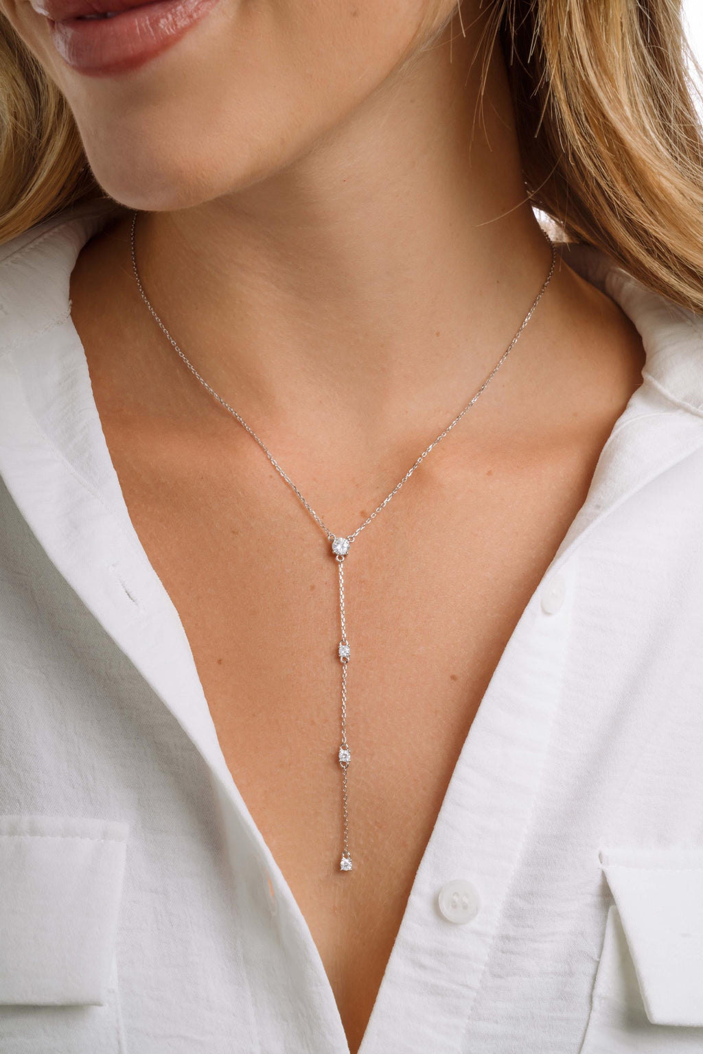 Diamond Lariat Necklace, Long Dainty Necklace, Minimalist Y Necklace, Adjustable Y Necklace