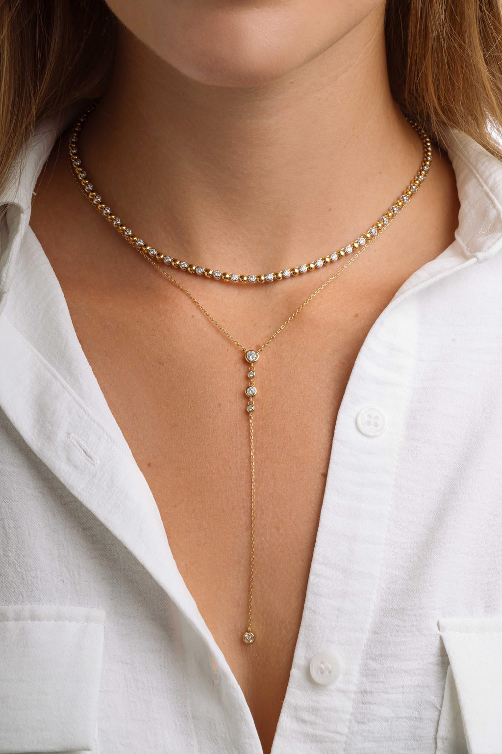 Mixed Metal Tennis Necklace by Sami Jewels, Two Tone Beaded Necklace, Statement Necklace, Diamond Tennis Necklace, Collar Necklace