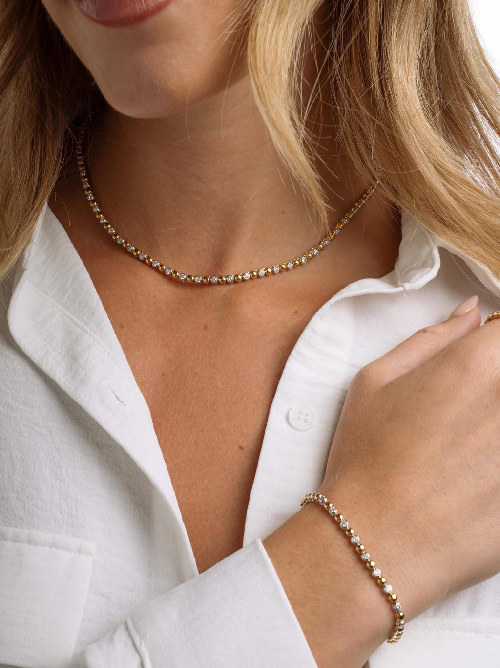 Mixed Metal Tennis Necklace by Sami Jewels, Two Tone Beaded Necklace, Statement Necklace, Diamond Tennis Necklace, Collar Necklace