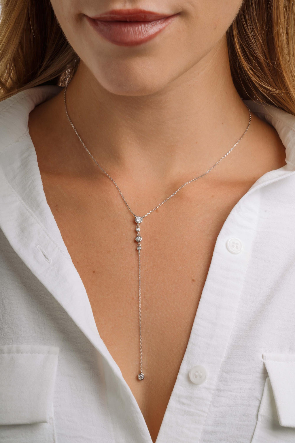 Bezel Set Lariat Necklace by Sami Jewels, Long Dainty Necklace, Minimalist Y Necklace, Adjustable Y Necklace