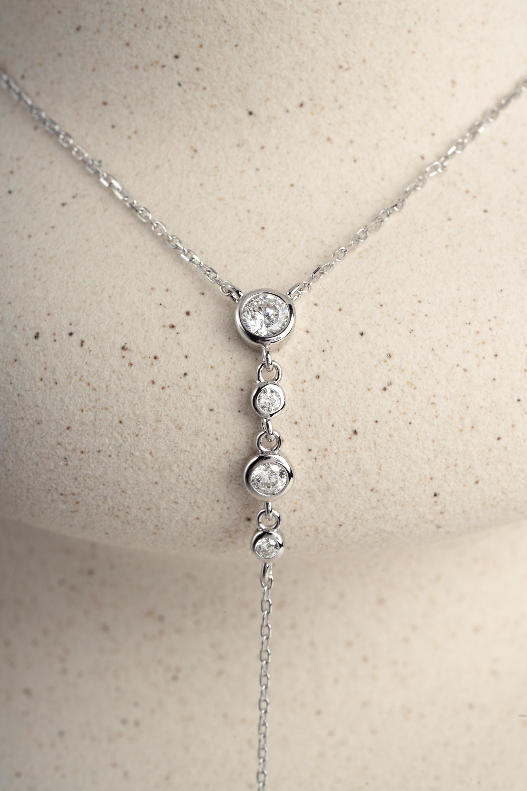 Bezel Set Lariat Necklace by Sami Jewels, Long Dainty Drop Necklace, Minimalist Y Necklace, Adjustable Y Necklace, Bridal Necklace