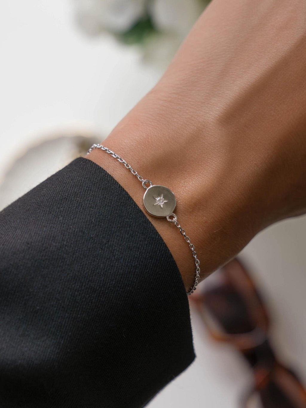Round Starburst Charm Bracelet by Sami Jewels, Star Bracelet featuring a Minimalist and Adjustable Design