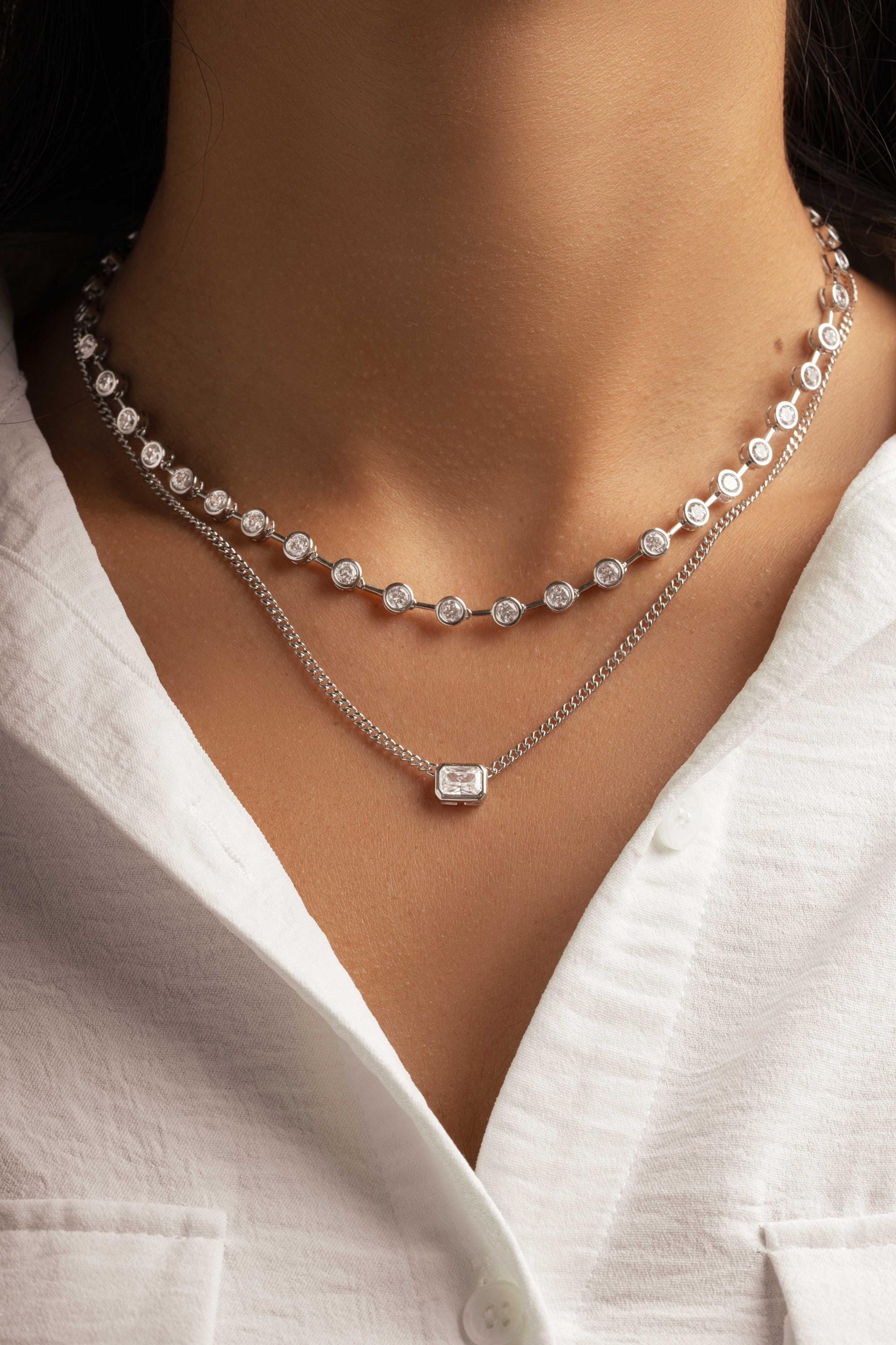 Bezel Set Tennis Necklace w CZ Stones, Station Diamond Necklace, Collar Necklace