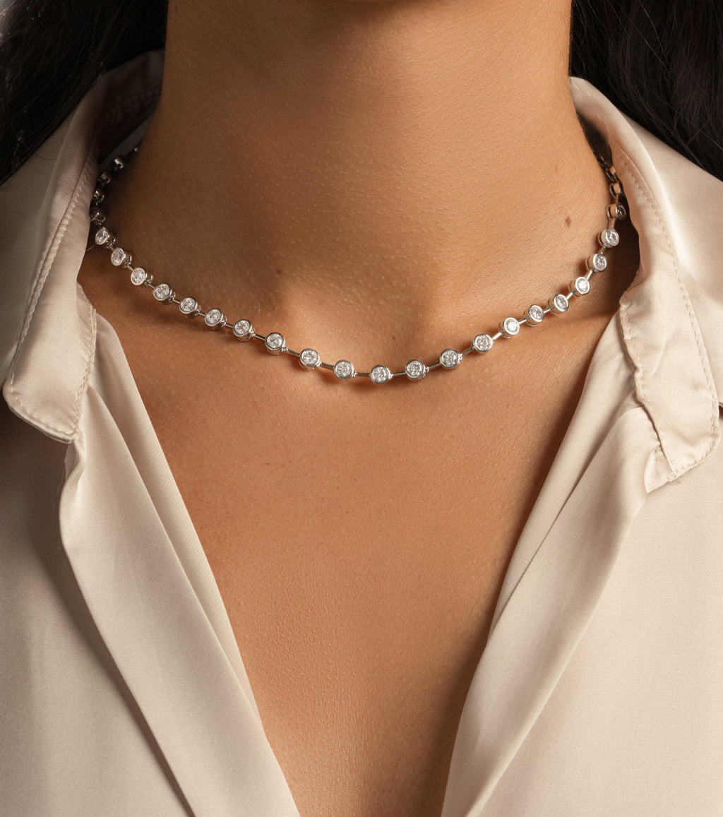 Bezel Set Tennis Necklace w CZ Stones, Station Diamond Necklace, Collar Necklace