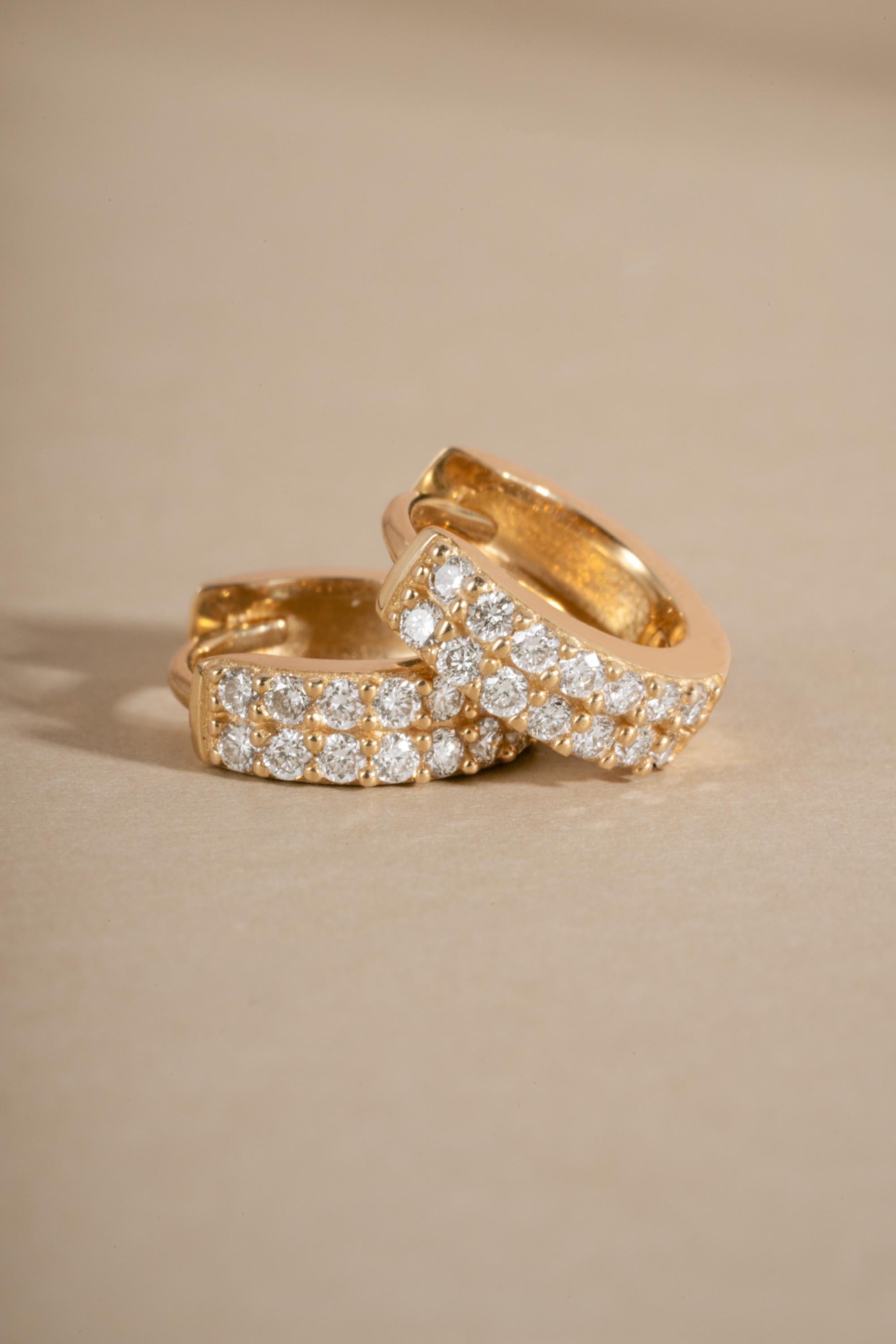 14k Solid Gold Two Row Diamond Huggie Earrings by Sami Jewels, Small Gold Hoops, Huggie Earrings, Diamond Earrings